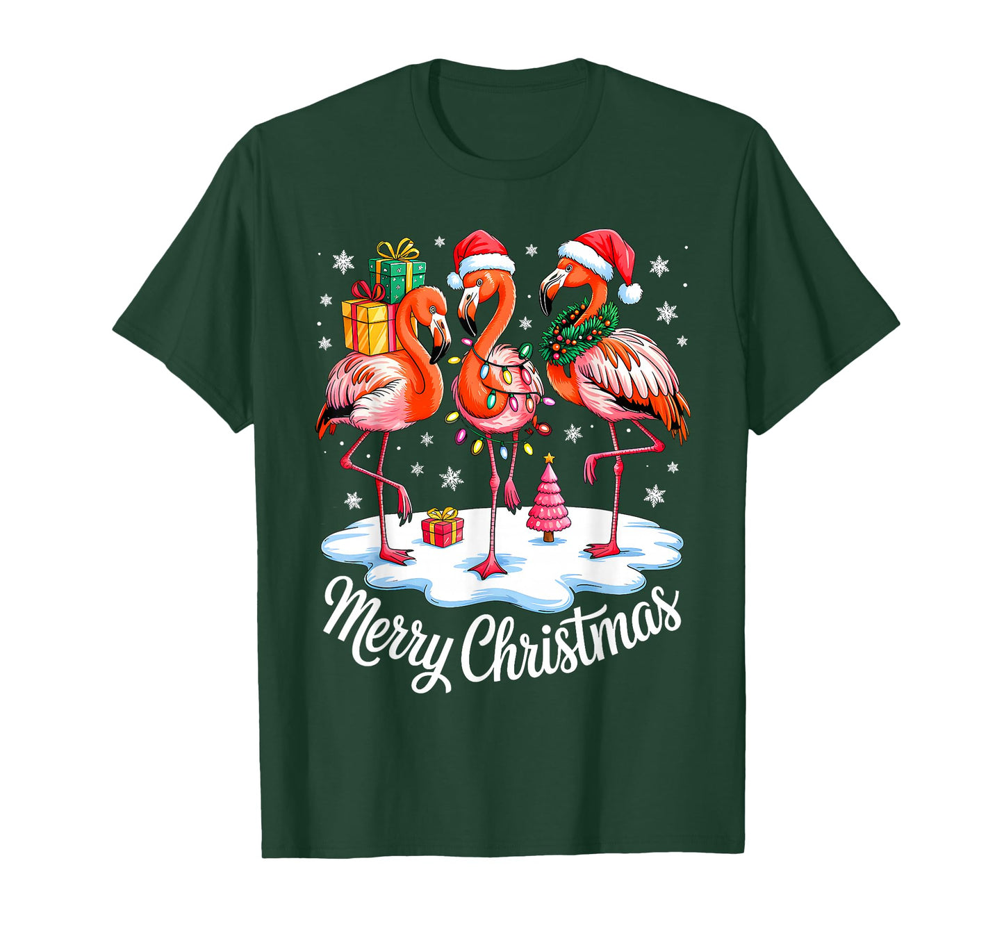 Merry Christmas Hat Santa Flamingo Light Christmas in July T-Shirt
