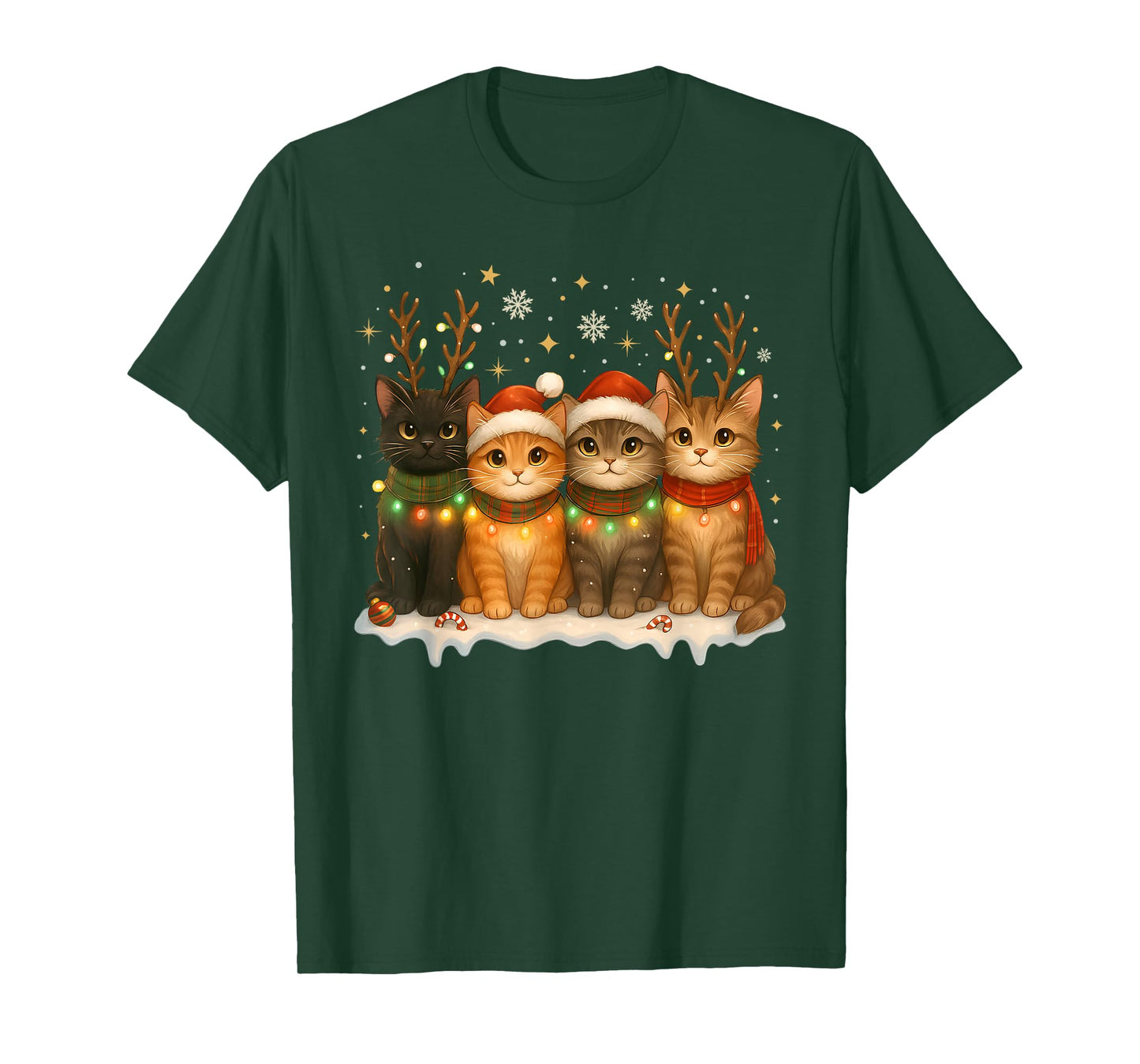 Cat Christmas Light Reindeer Santa Christmas Cat Lover T-Shirt