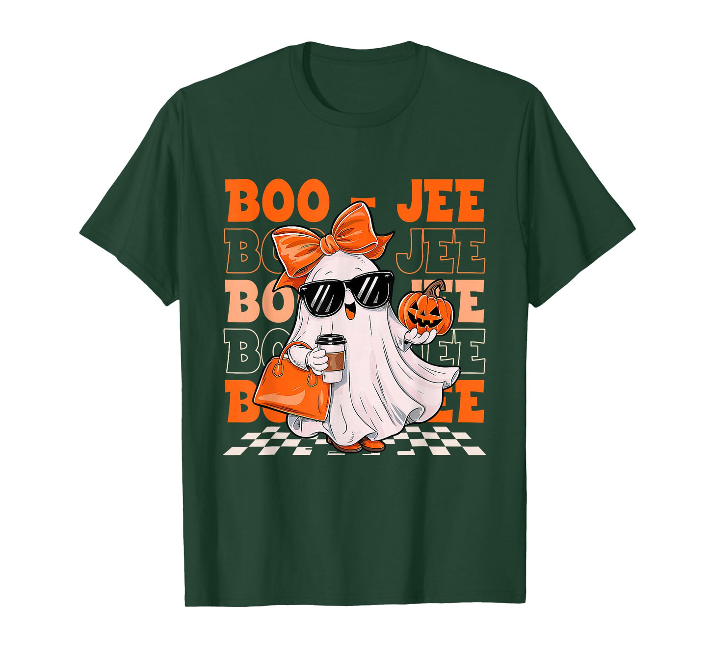 Coquette Checkered Ghost Coffee Boo-JEE Halloween Lace Ghost T-Shirt