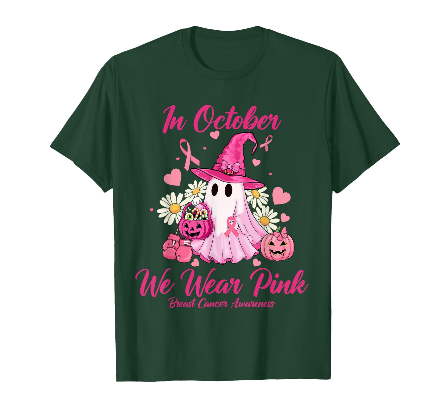 in October We Wear Pink Ghost Witch Breast Cancer Awareness T-Shirt