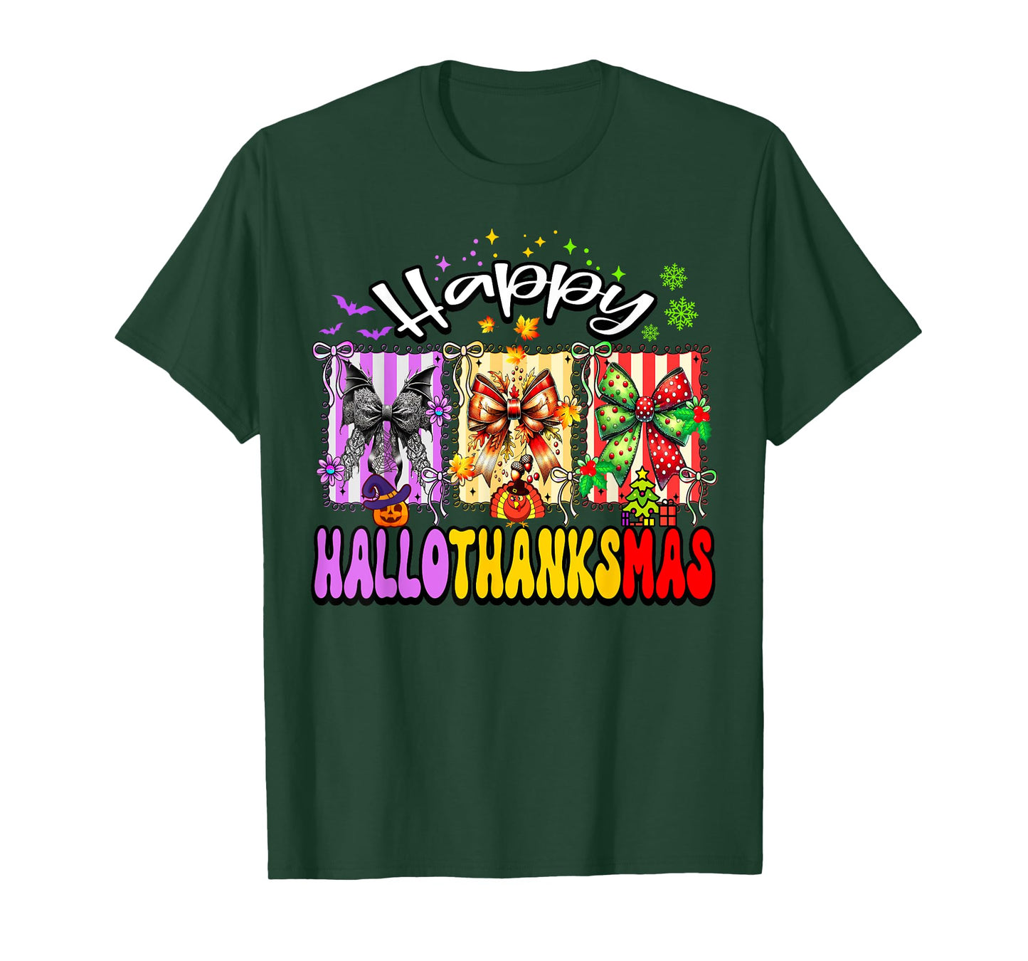 Hallothanksmas Coquette Bow Halloween Thanksgiving Christmas T-Shirt
