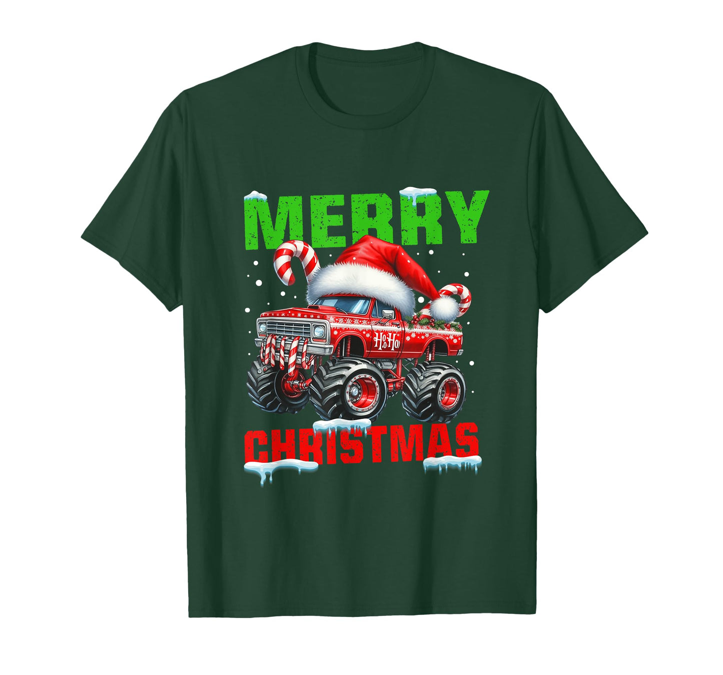 Merry Christmas Tree on Car Xmas red Truck Funny Santa Hat T-Shirt