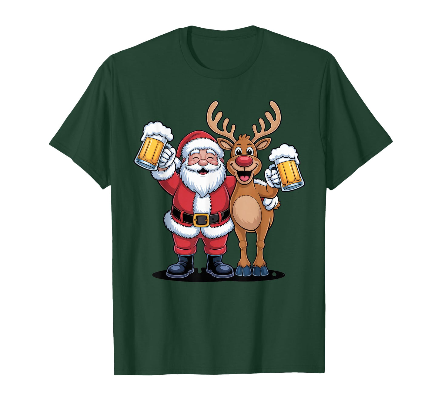Santa and Reindeer Cheers for Christmas Fun Adult Holiday T-Shirt