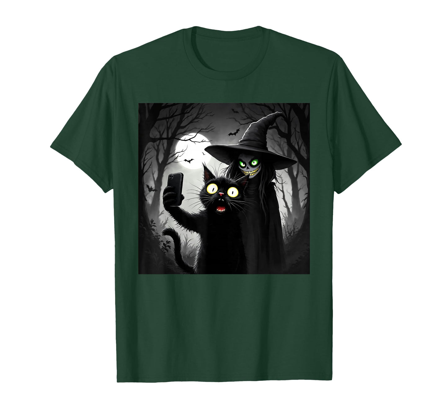 Halloween Shocked Black Cat Selfie with Witch for Cat Lovers T-Shirt