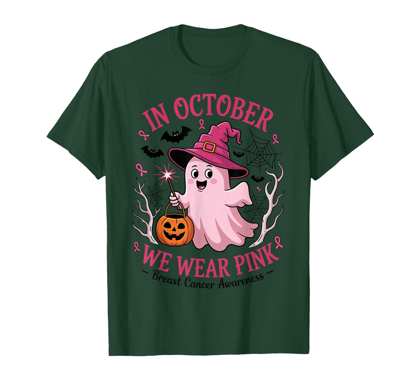 Ghost Witch Cute Pink Ribbon October Breast Cancer Awareness T-Shirt