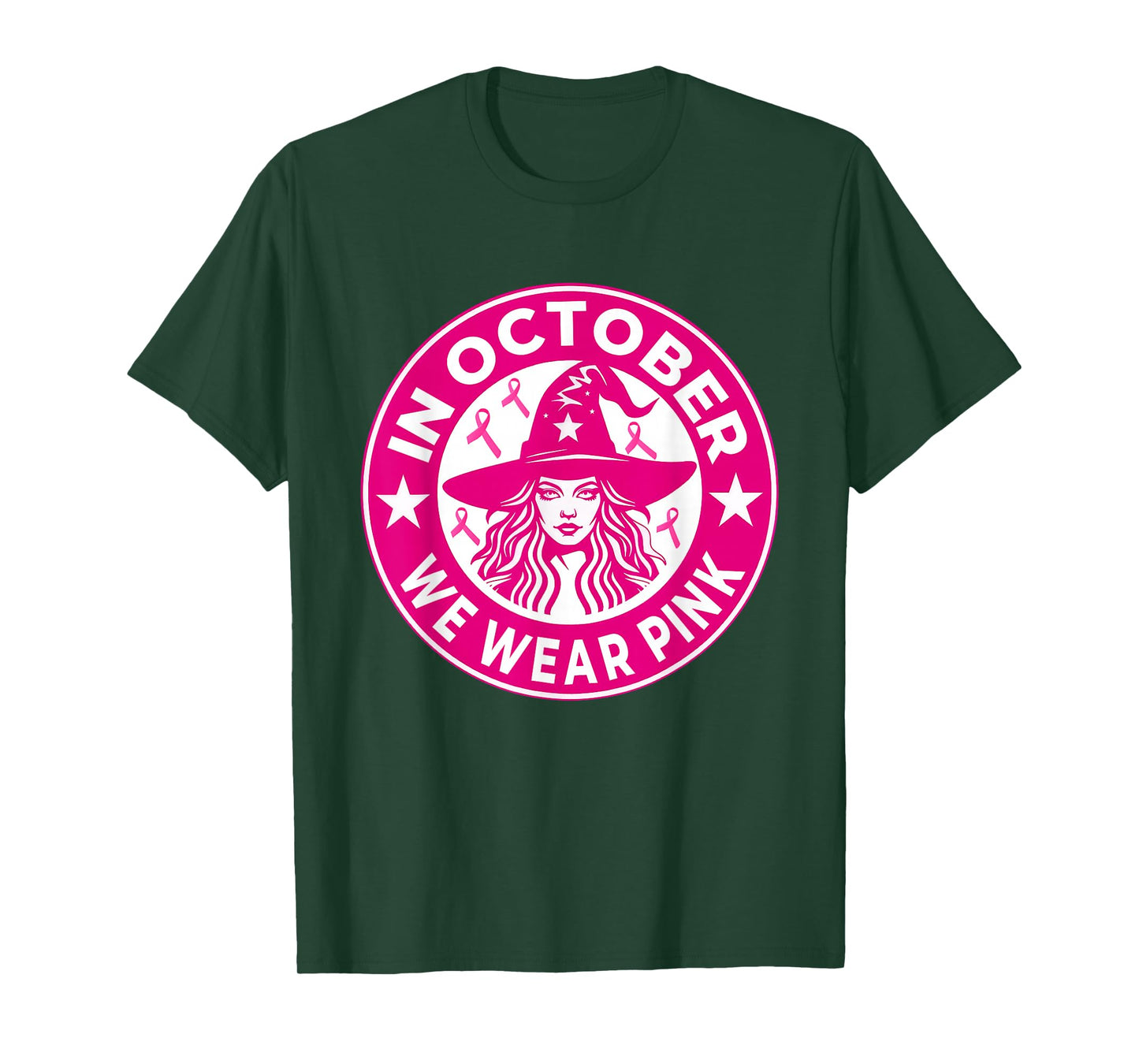 in October We Wear Pink Breast Cancer Awareness Salem Witch T-Shirt