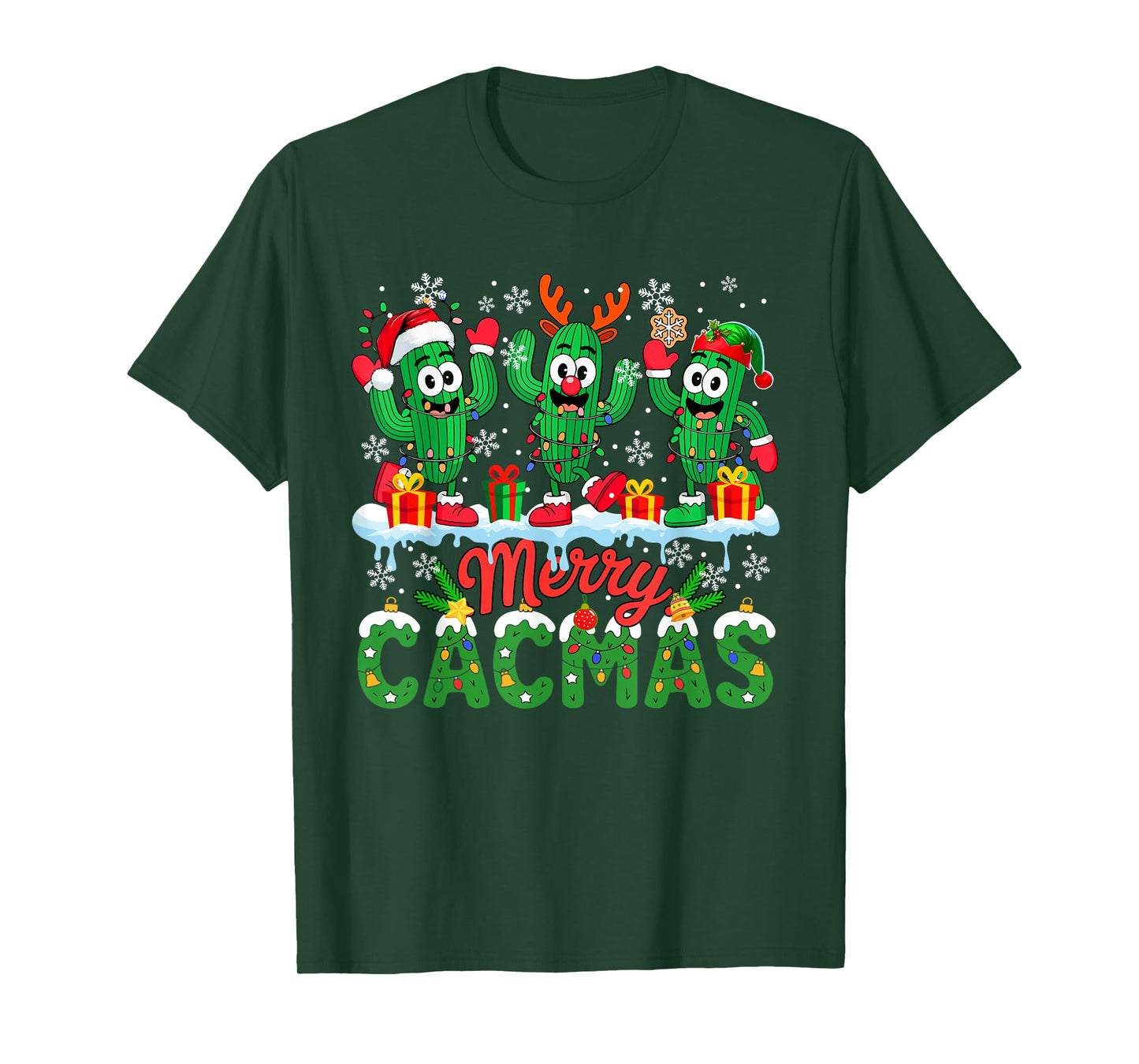 Merry Cacmas Christmas Three Santa Reindeer Elf Cactuses T-Shirt