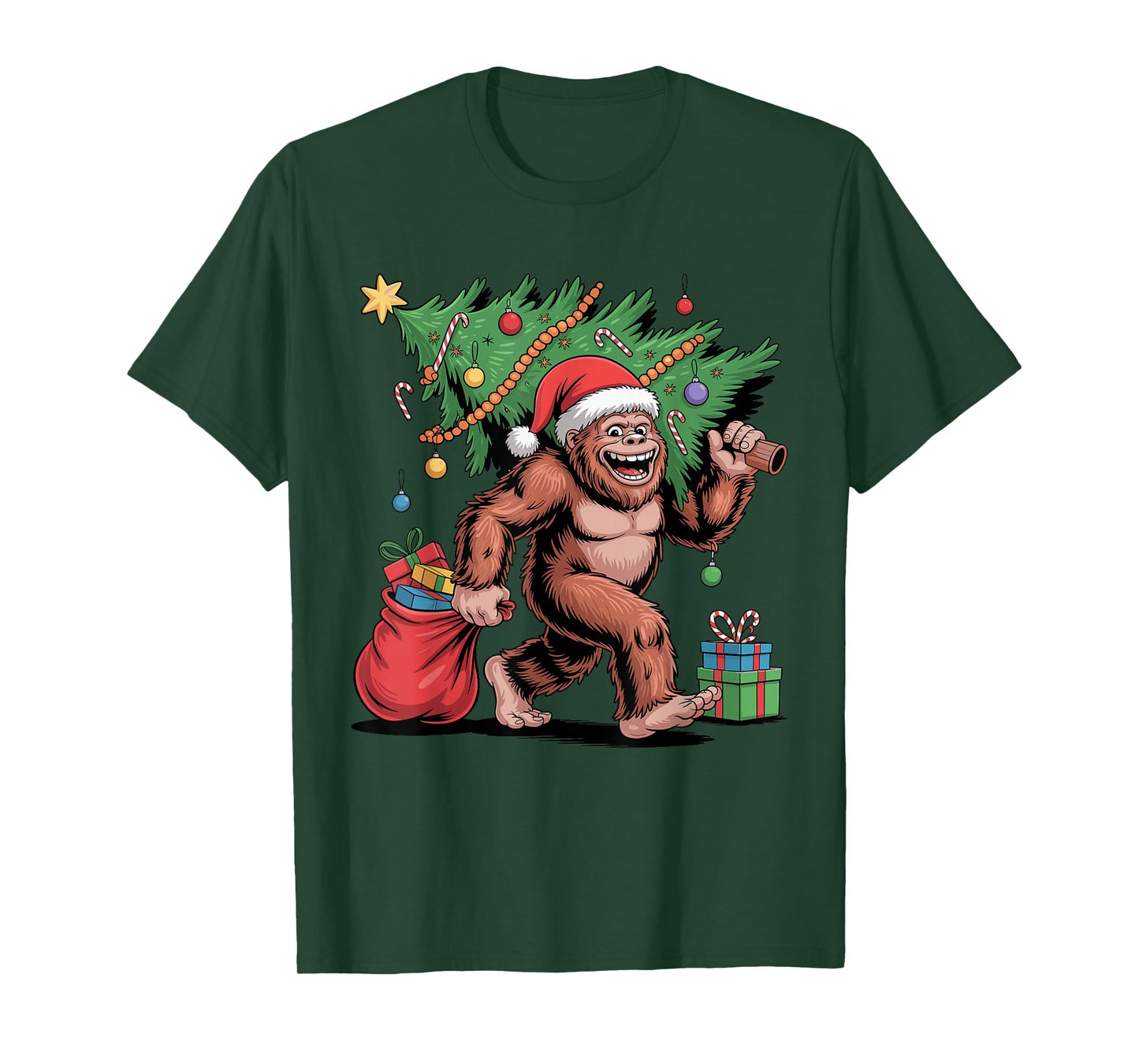 Santa Bigfoot Christmas Tree Funny Xmas Sasquatch Holiday T-Shirt