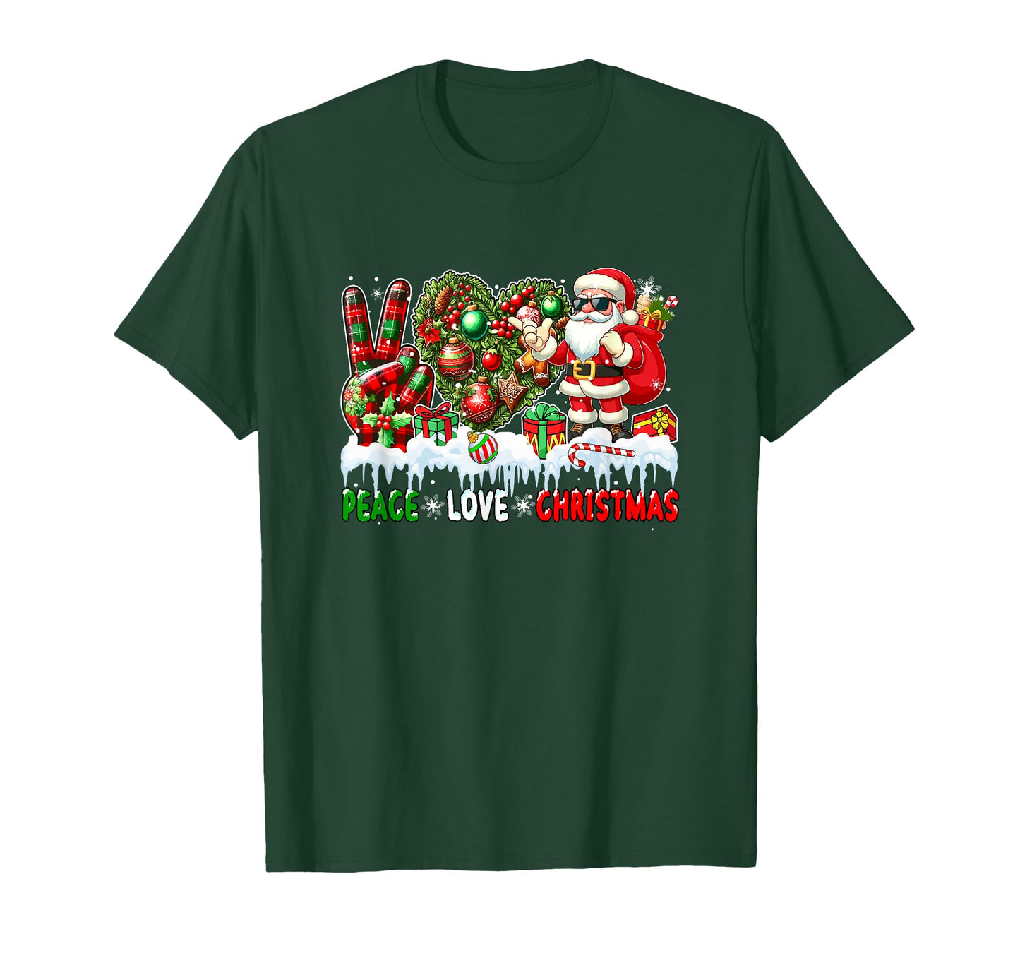 Peace Love Christmas Santa Sunglasses Heart Shape Floral T-Shirt
