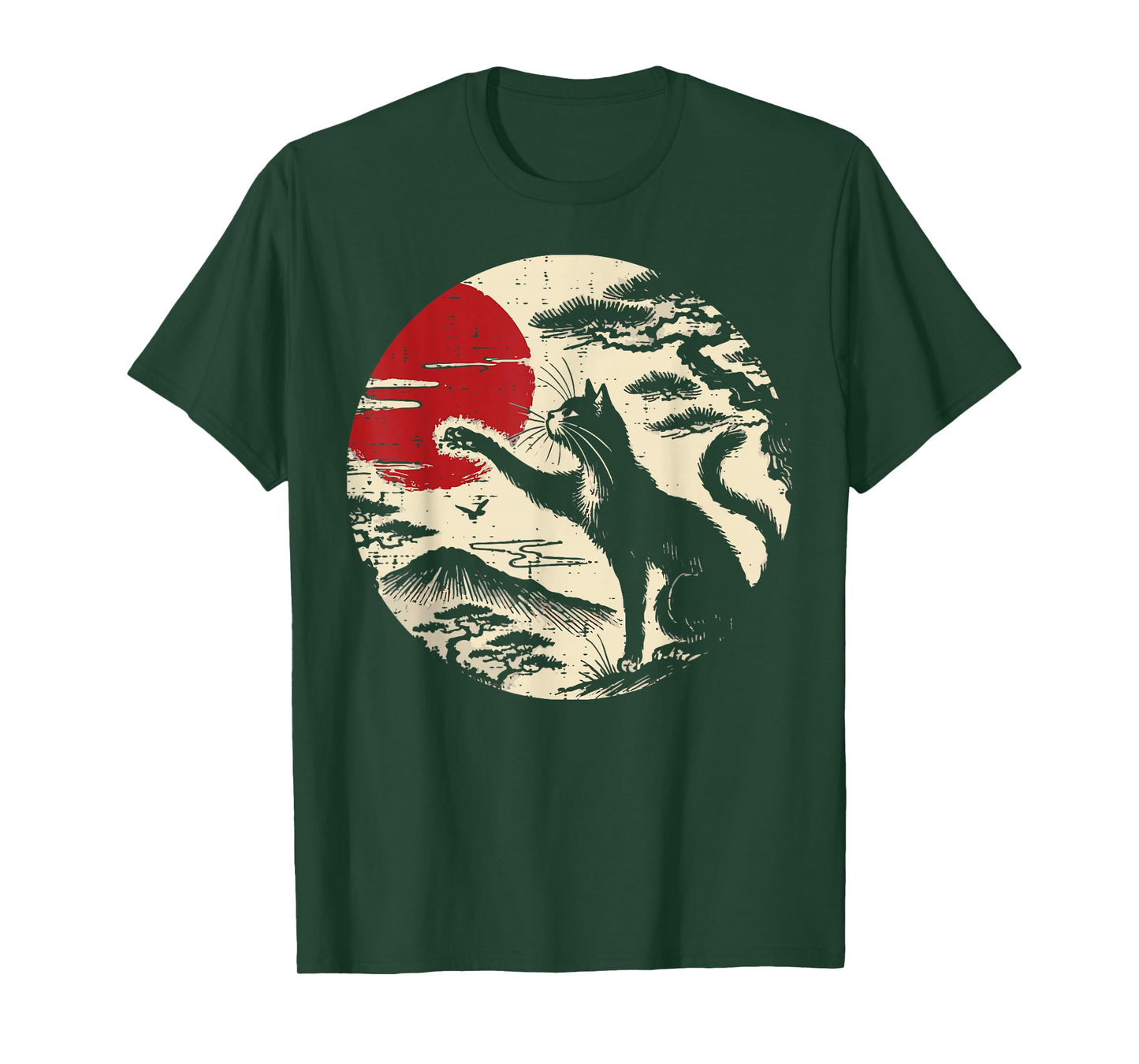 Japanese Cat Reaching Red Moon Vintage Art Men Women Kids T-Shirt
