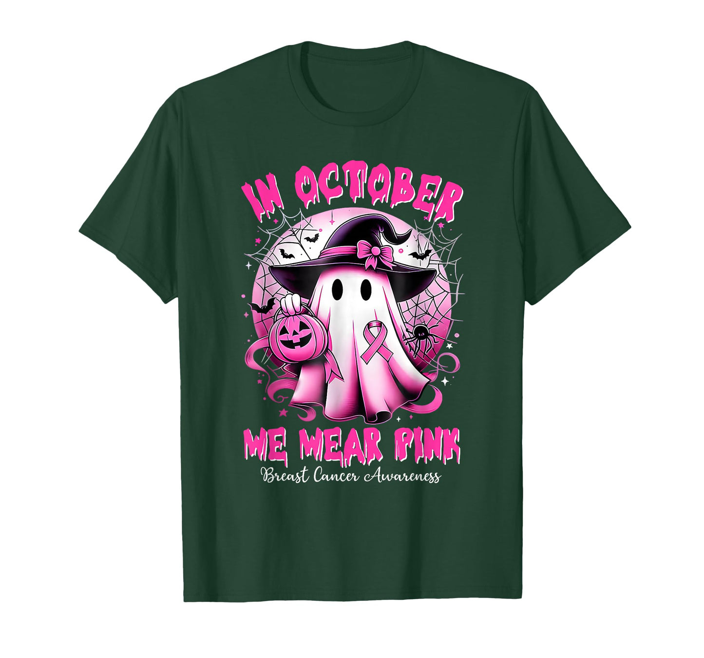 in October We Wear Pink Witch Ghost Breast Cancer Awareness T-Shirt