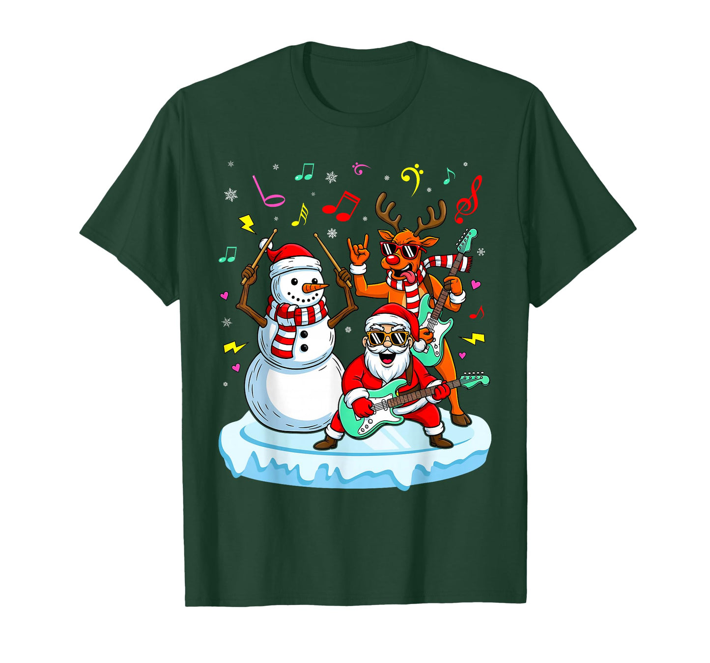 Guitar Player Santa Snowman Reindeer Christmas Pajama Music T-Shirt