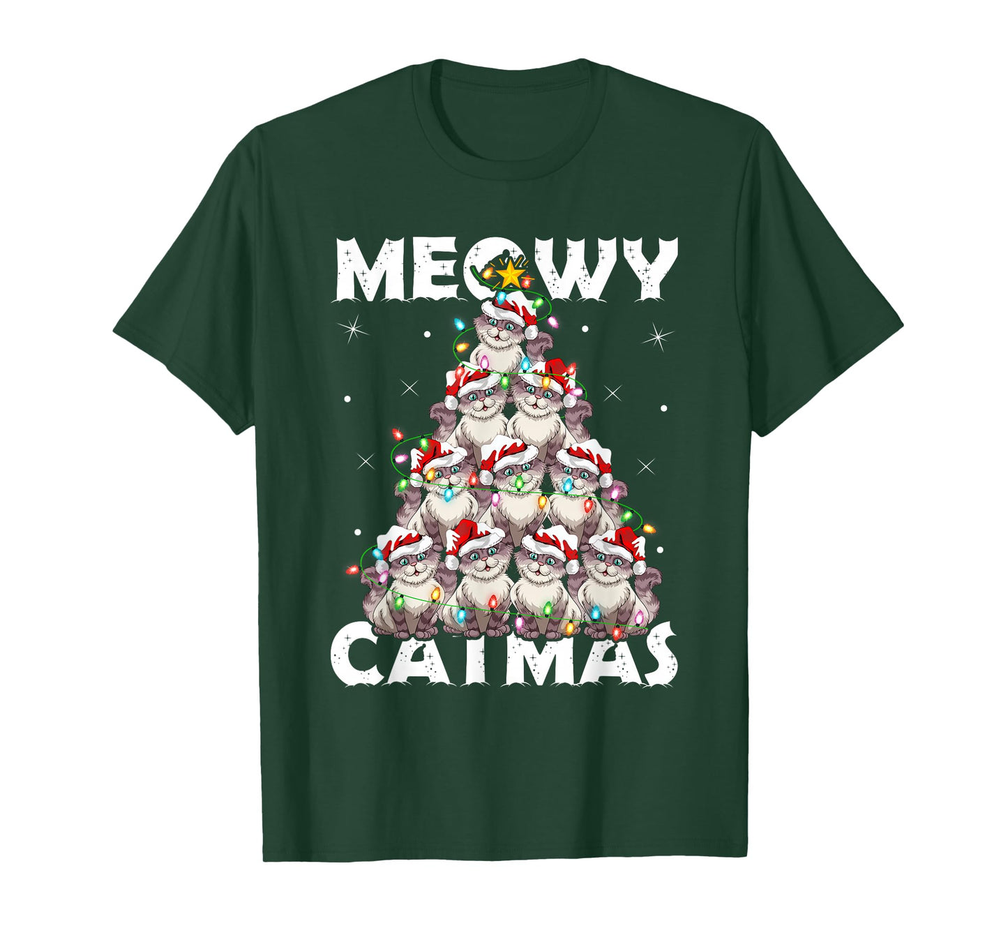 Cats Christmas Tree Lights Meowy Catmas Boys Girls Cat Xmas T-Shirt