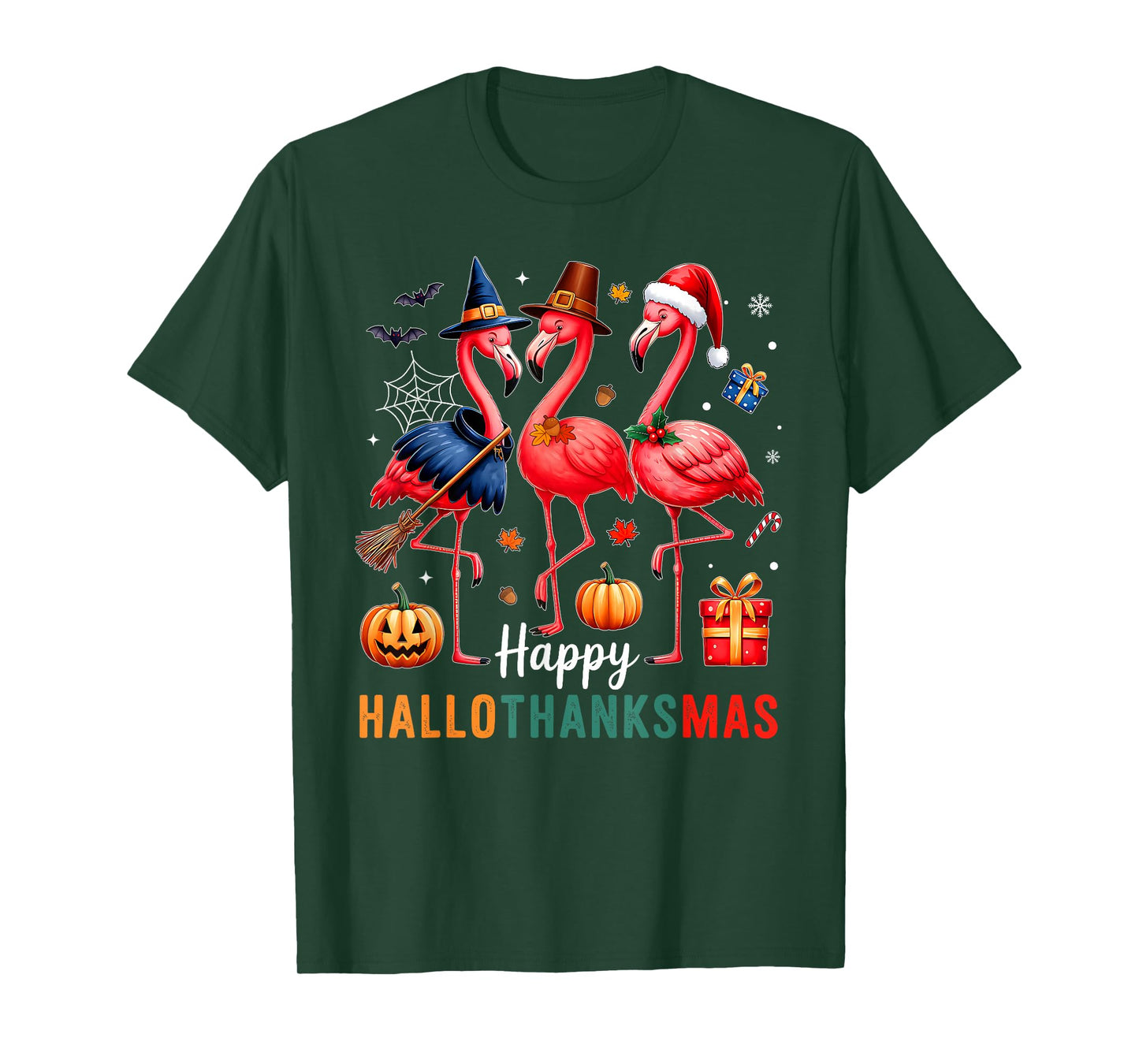 Flamingo Happy HalloThanksmas Funny Halloween Thanksgiving T-Shirt