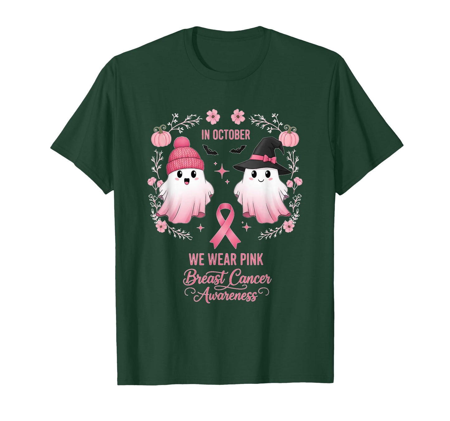in October We Wear Pink Ghost Witch Breast Cancer Awareness T-Shirt