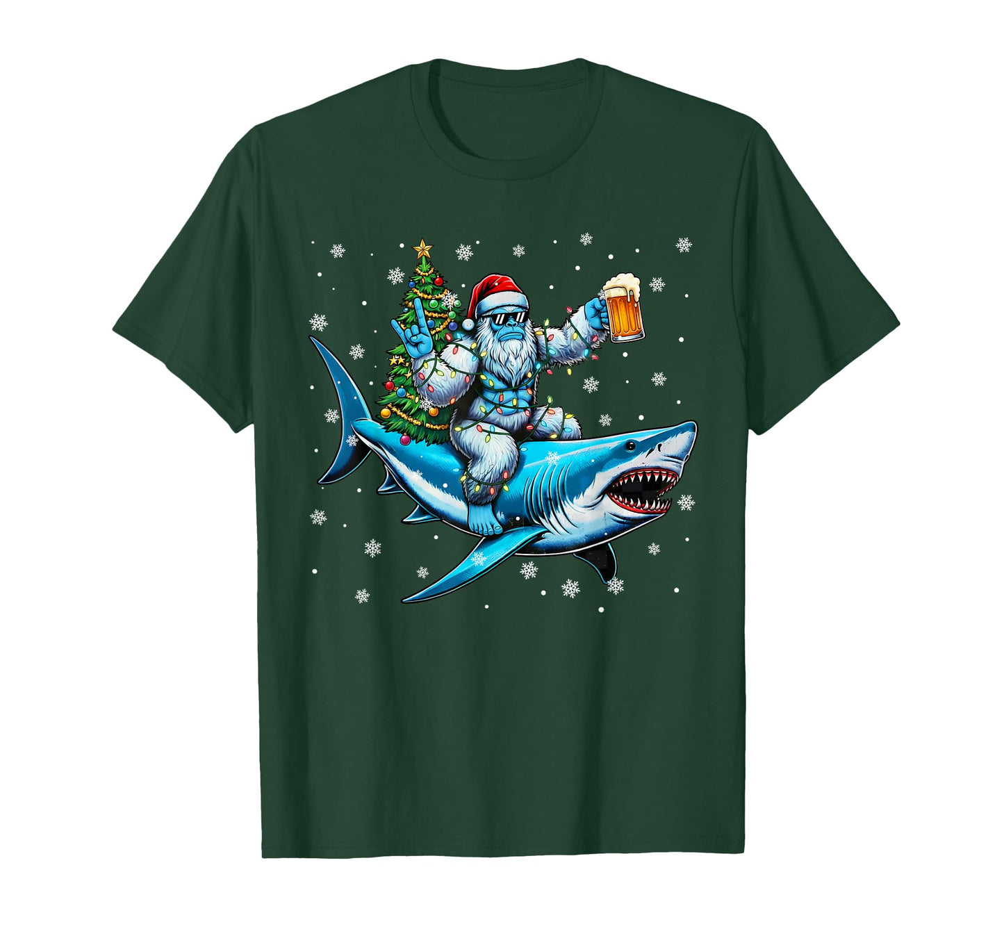 Funny Vintage Yeti Rock On Shark Christmas Tree Men T-Shirt