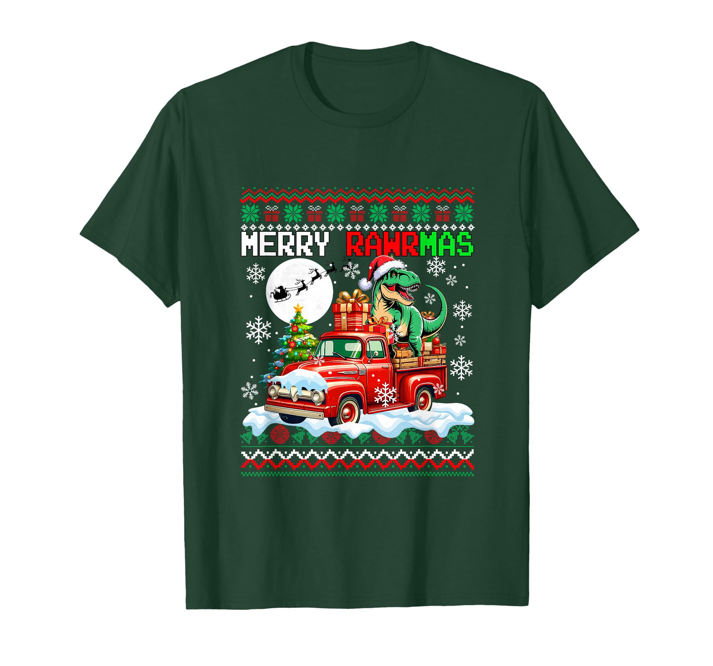 Merry Christmas Sweater Santa T-Rex On Pickup Truck T-Shirt