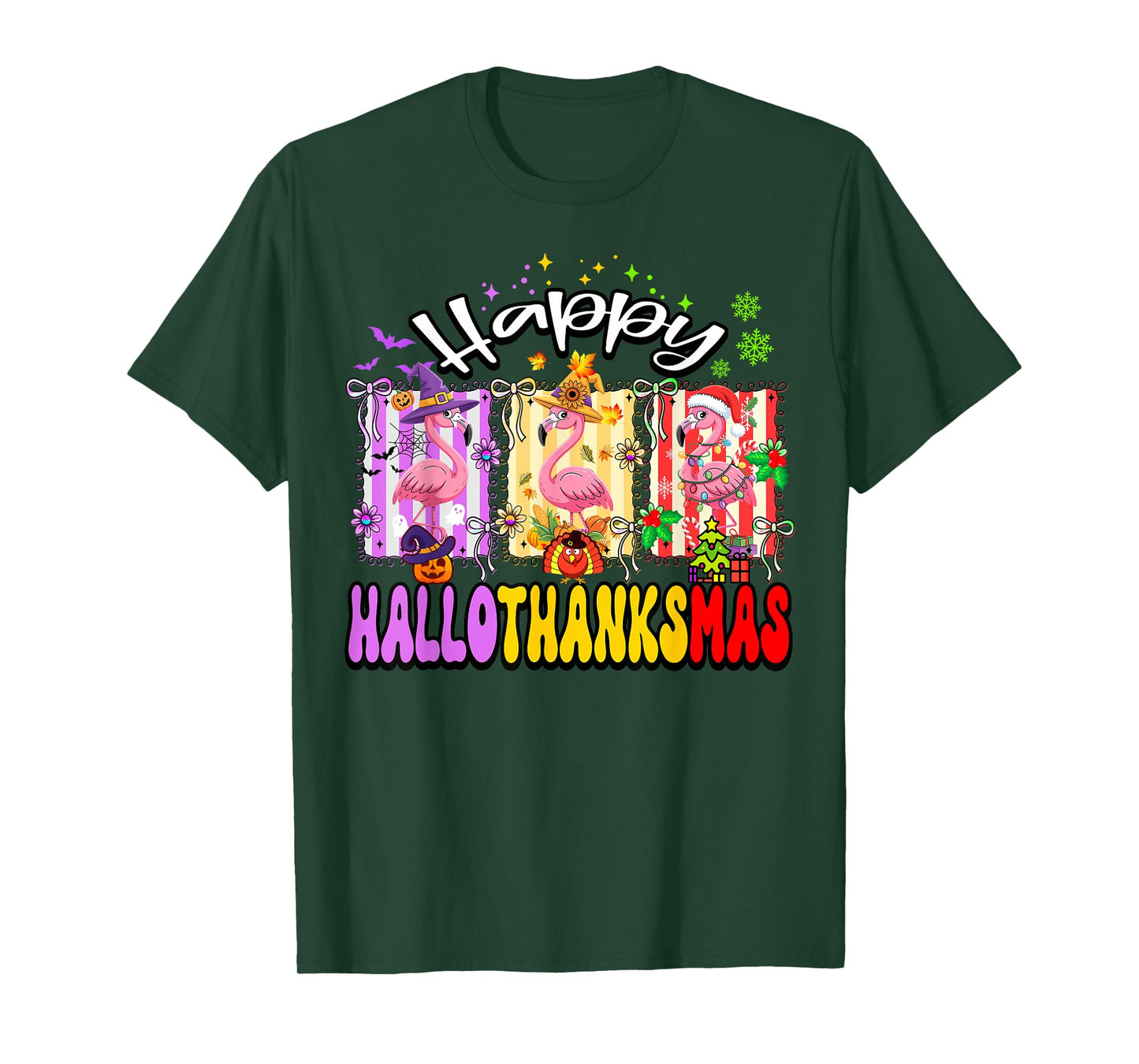 Hallothanksmas Flamingo Halloween Thanksgiving Christmas T-Shirt