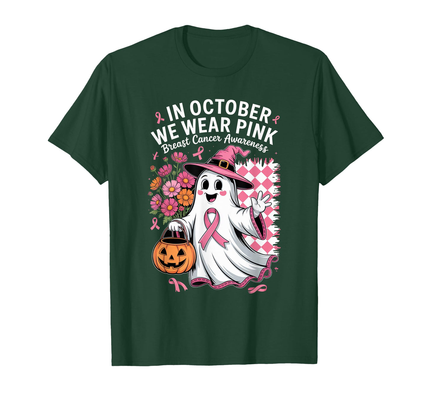in October We Wear Pink Witchy Ghost Halloween Cool Artwork T-Shirt