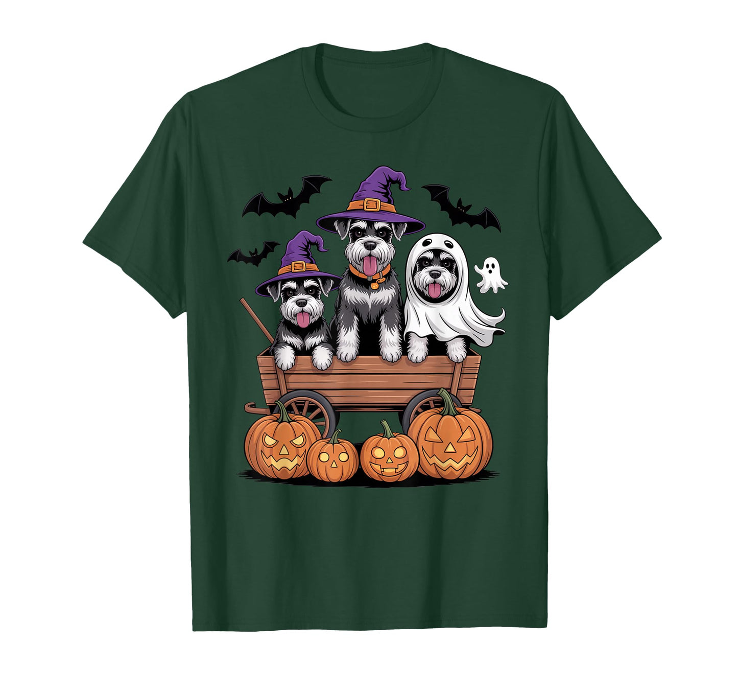 Schnauzer Halloween Wagon Witch Hats Ghost Bats Pumpkins T-Shirt