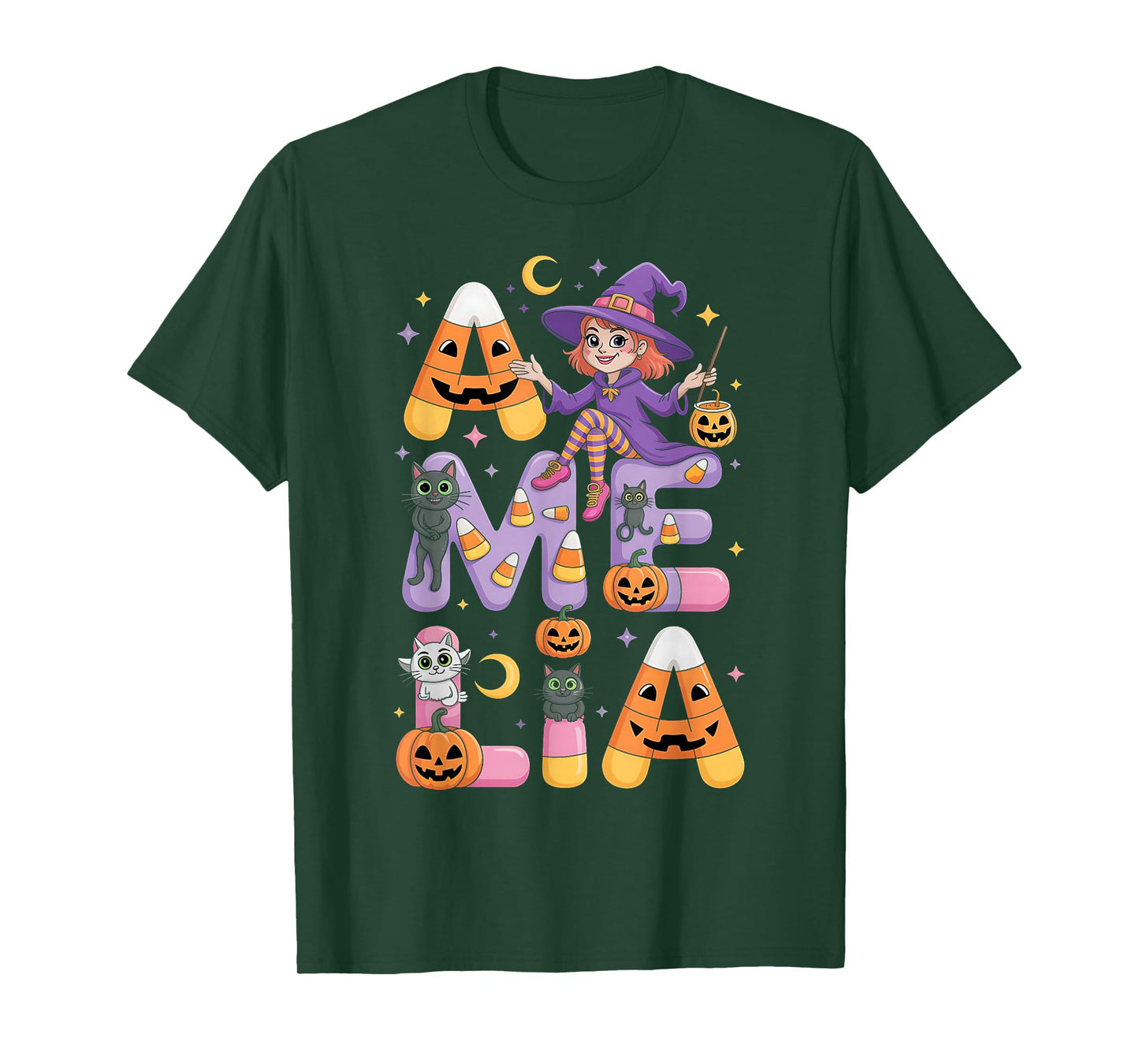 Amelia Witch Candy Corn Cat Halloween Women and Girls T-Shirt