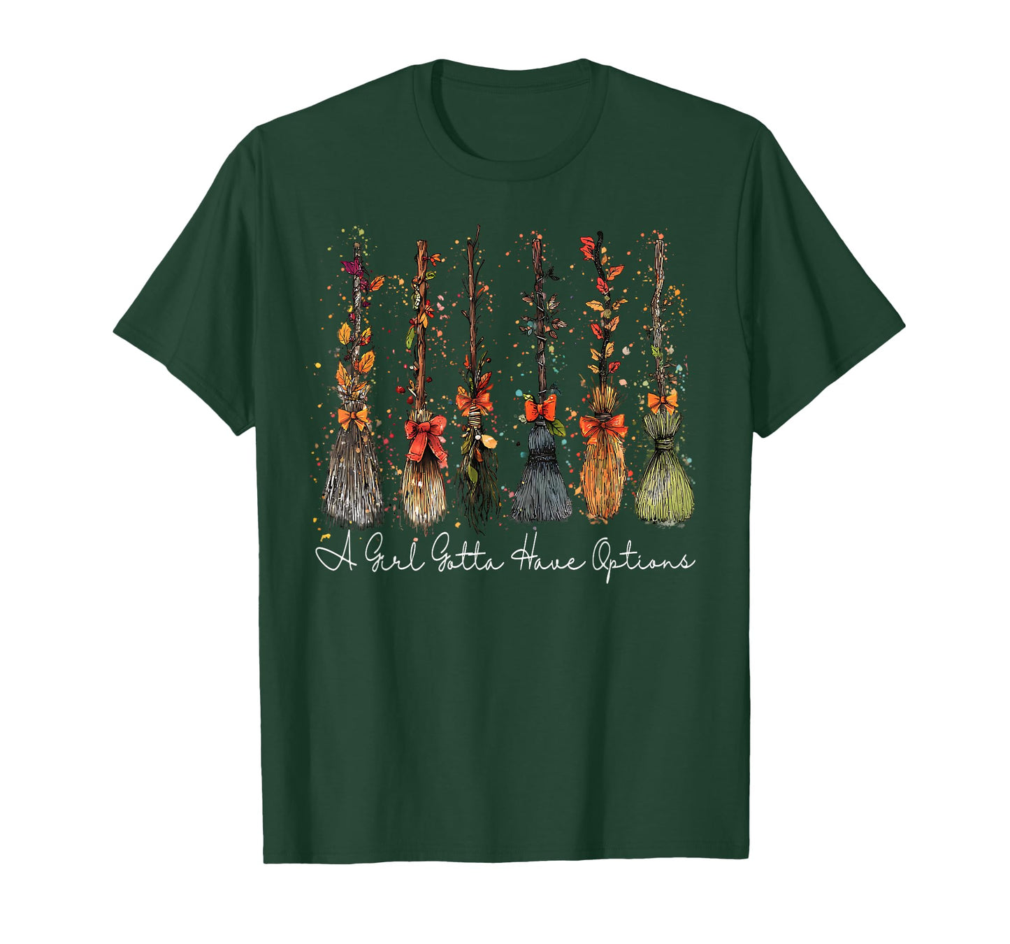 A Girl Gotta Have Options Halloween Witches Bow Floral Broom T-Shirt