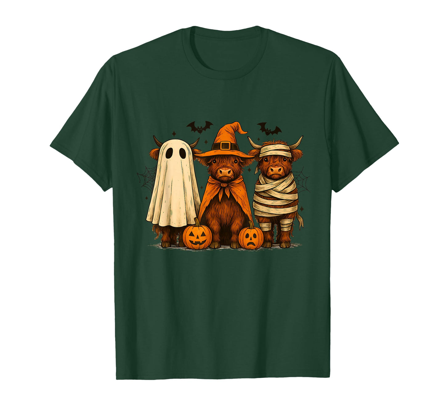 Retro Halloween Highland Cow Witch Spooky Pumpkin Women Men T-Shirt