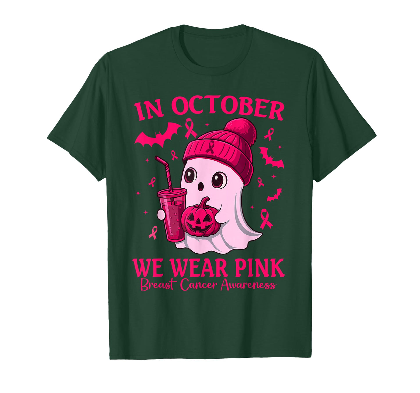 Breast Cancer Halloween Women in October We Wear Pink Ghost T-Shirt