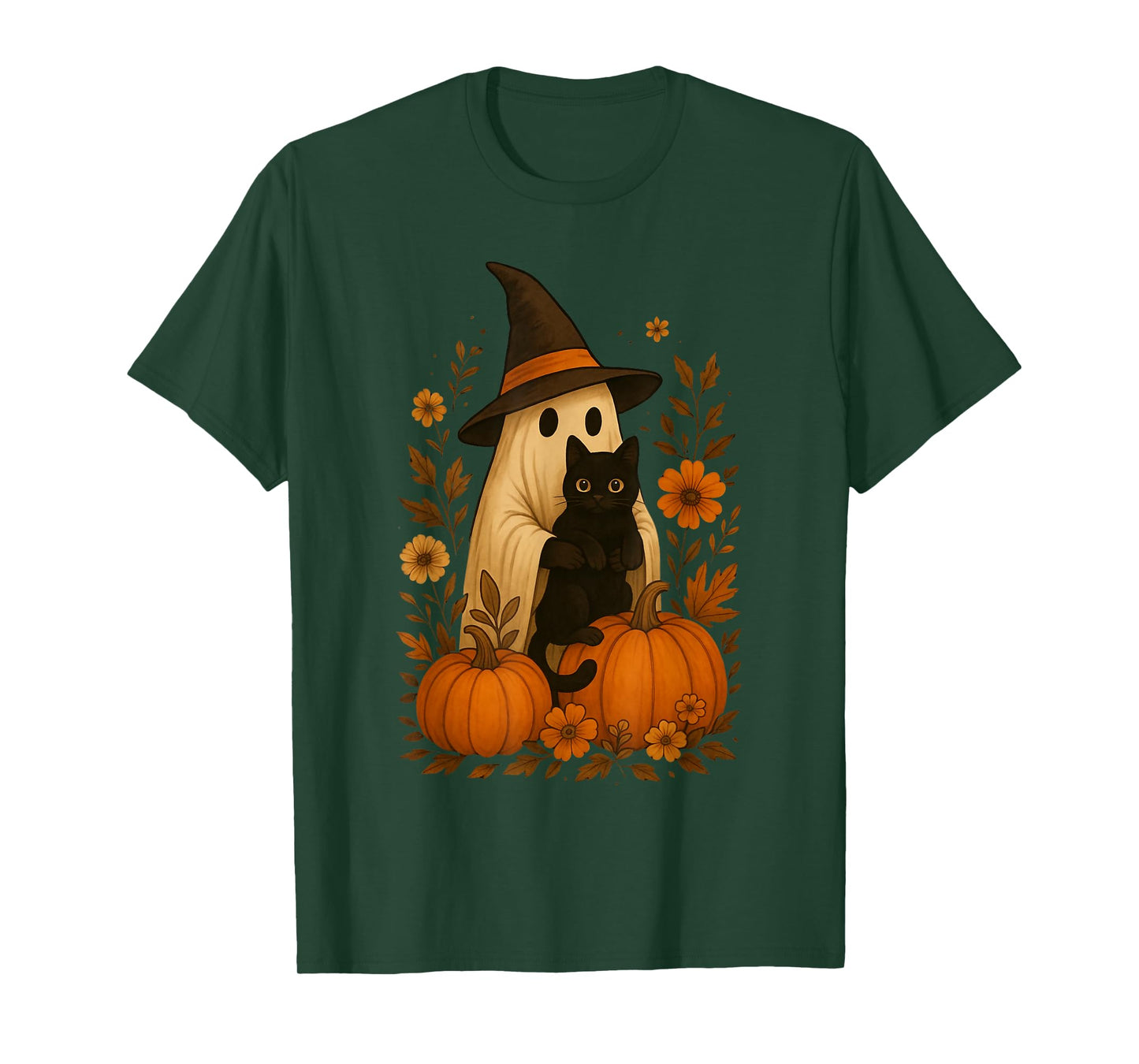 Vintage Ghost Witch Hat Black Cat Pumpkin Halloween Art T-Shirt