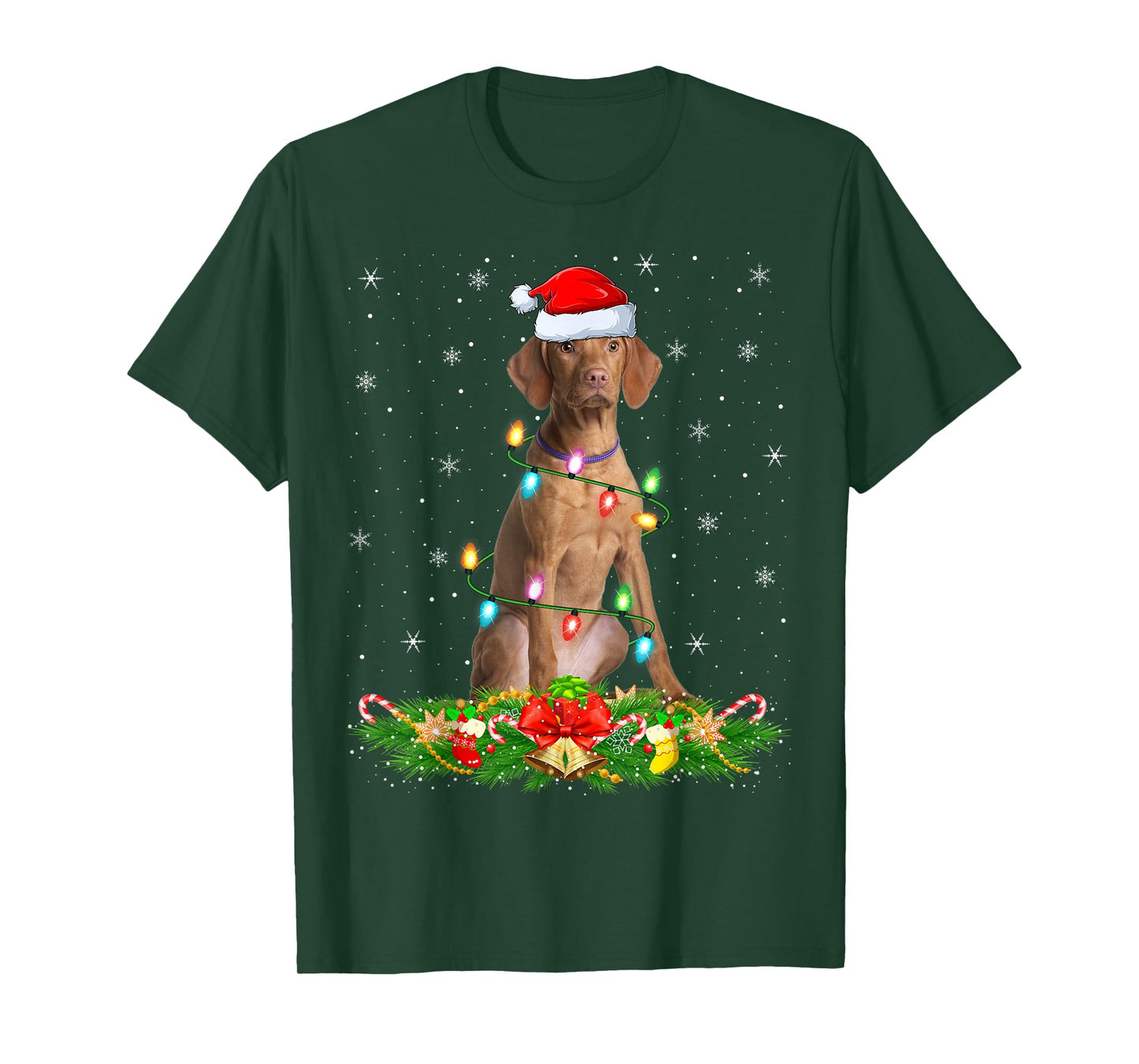 Vizsla Dog Christmas Lights Funny Santa Hat Xmas T-Shirt