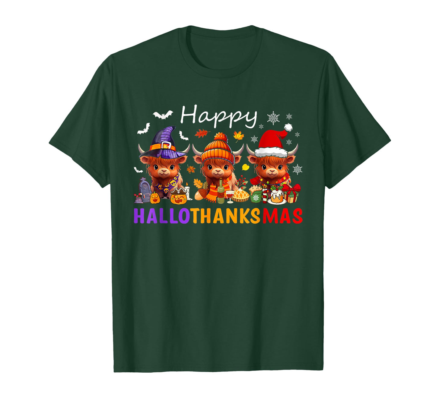 Happy Hallothanksmas Highland Cow Halloween Merry Christmas T-Shirt