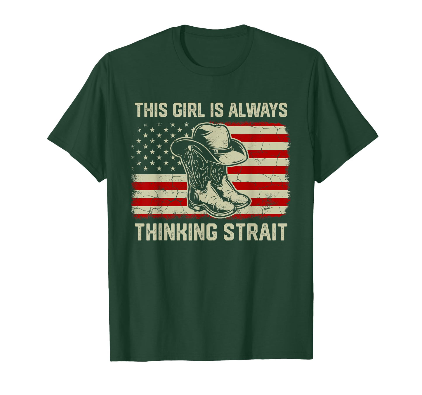 This Girl Is Always Thinking Strait US Flag Cowgirl Western T-Shirt