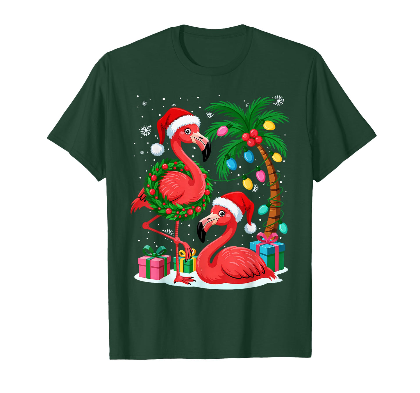 Christmas Flamingo Funny Santa by Sea Palm Tree Lights T-Shirt