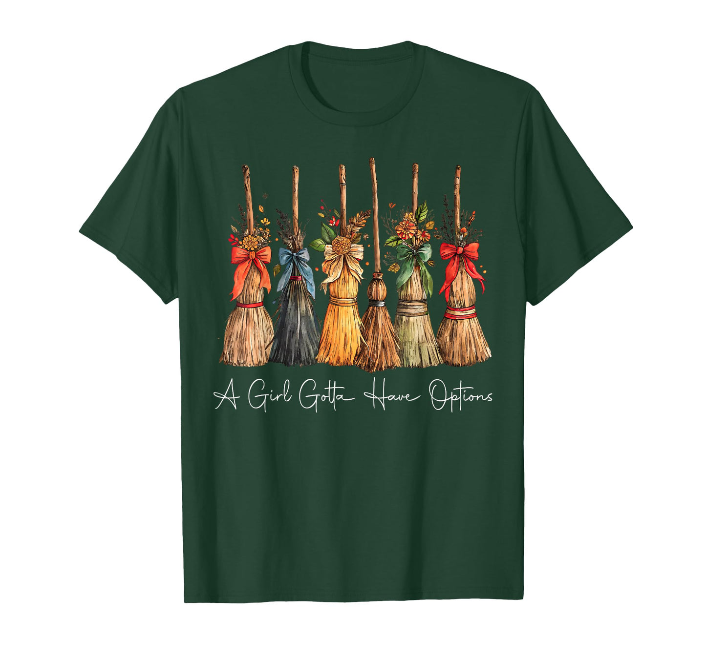 A Girl Gotta Have Options Halloween Witches Bow Floral Broom T-Shirt