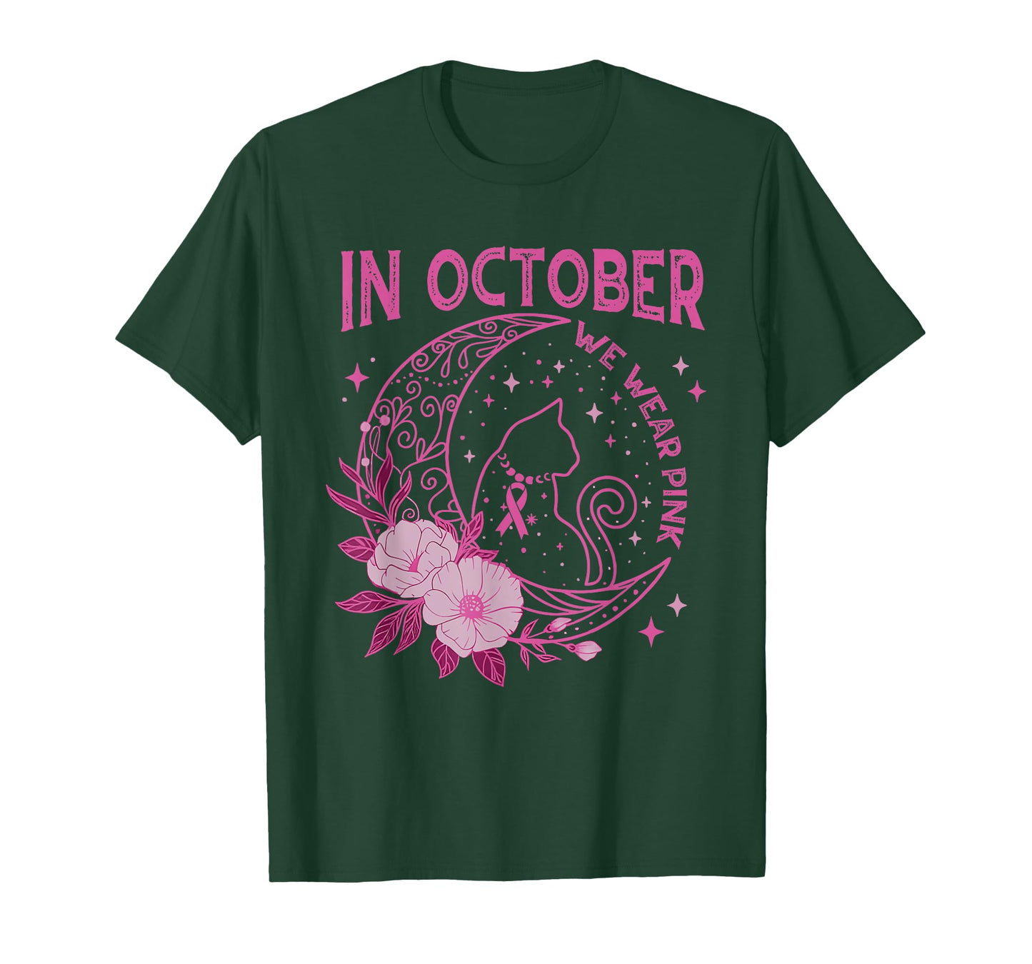 In October We Wear Pink Flower Cat Moon Graphic Tee Women T-Shirt