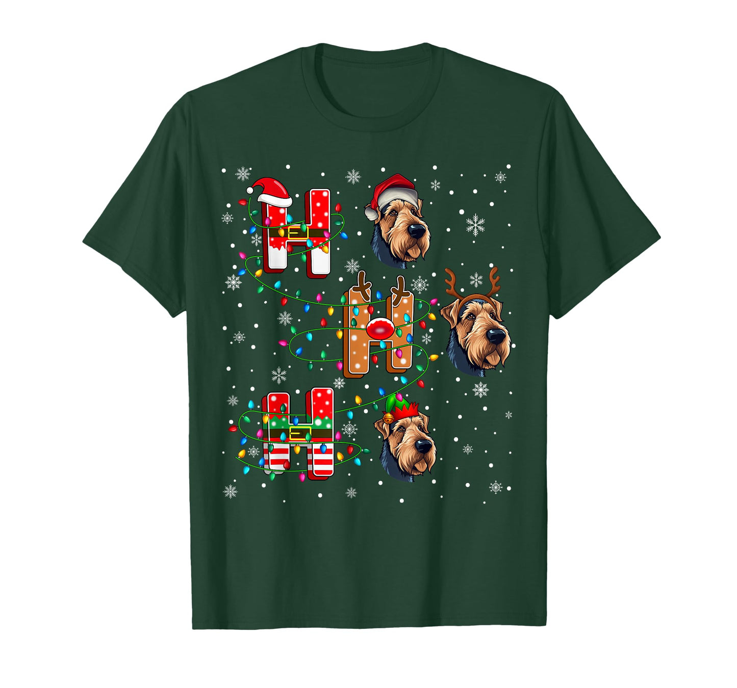 Ho Ho Ho Santa Reindeer Hat Elf Matching Airedale Dog Xmas T-Shirt