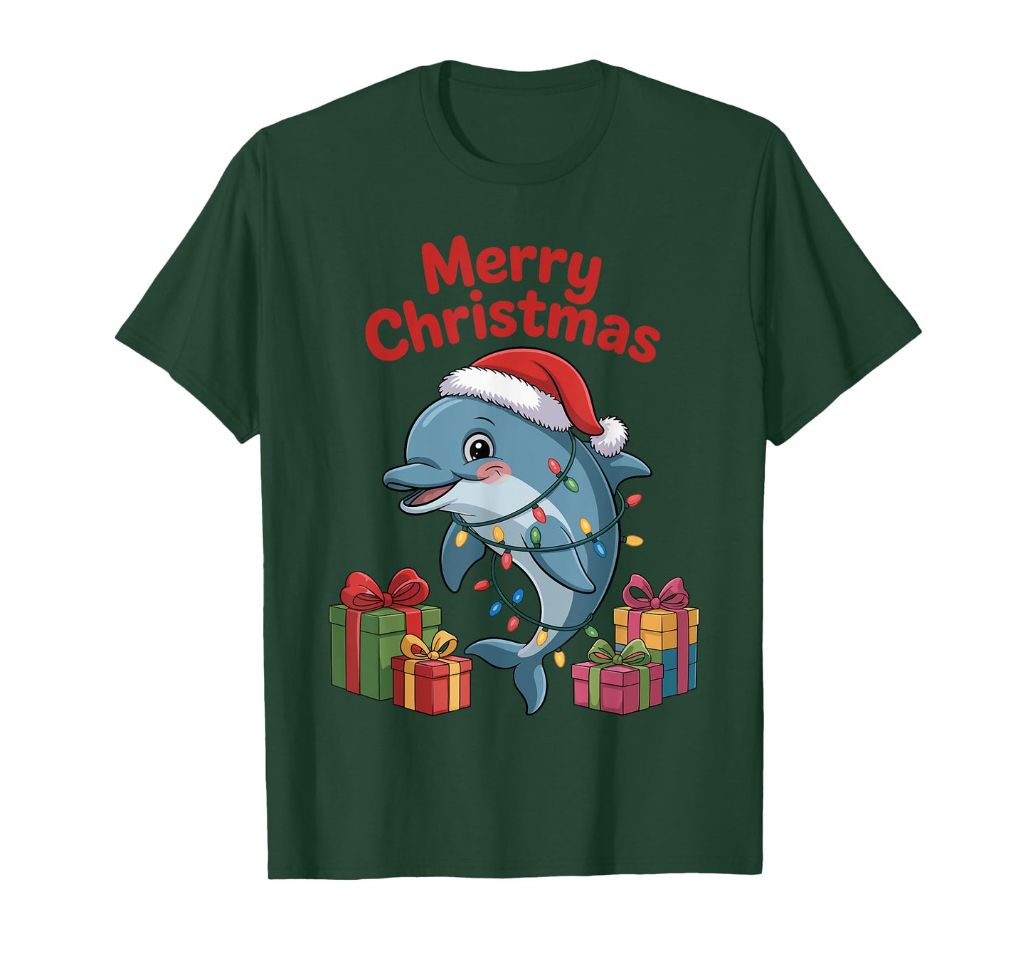 Funny Dolphin Santa Hat Animals Lovers Ugly Christmas Pajama T-Shirt