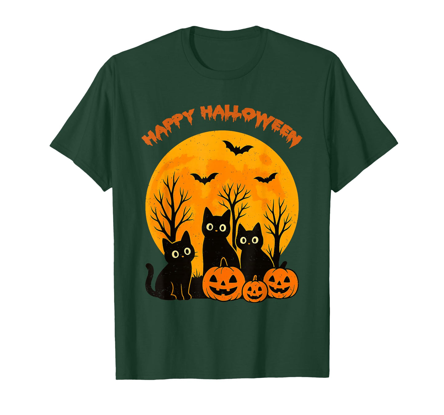 Black Cat Pumpkin Moon Bats Happy Halloween Kitten Lover T-Shirt