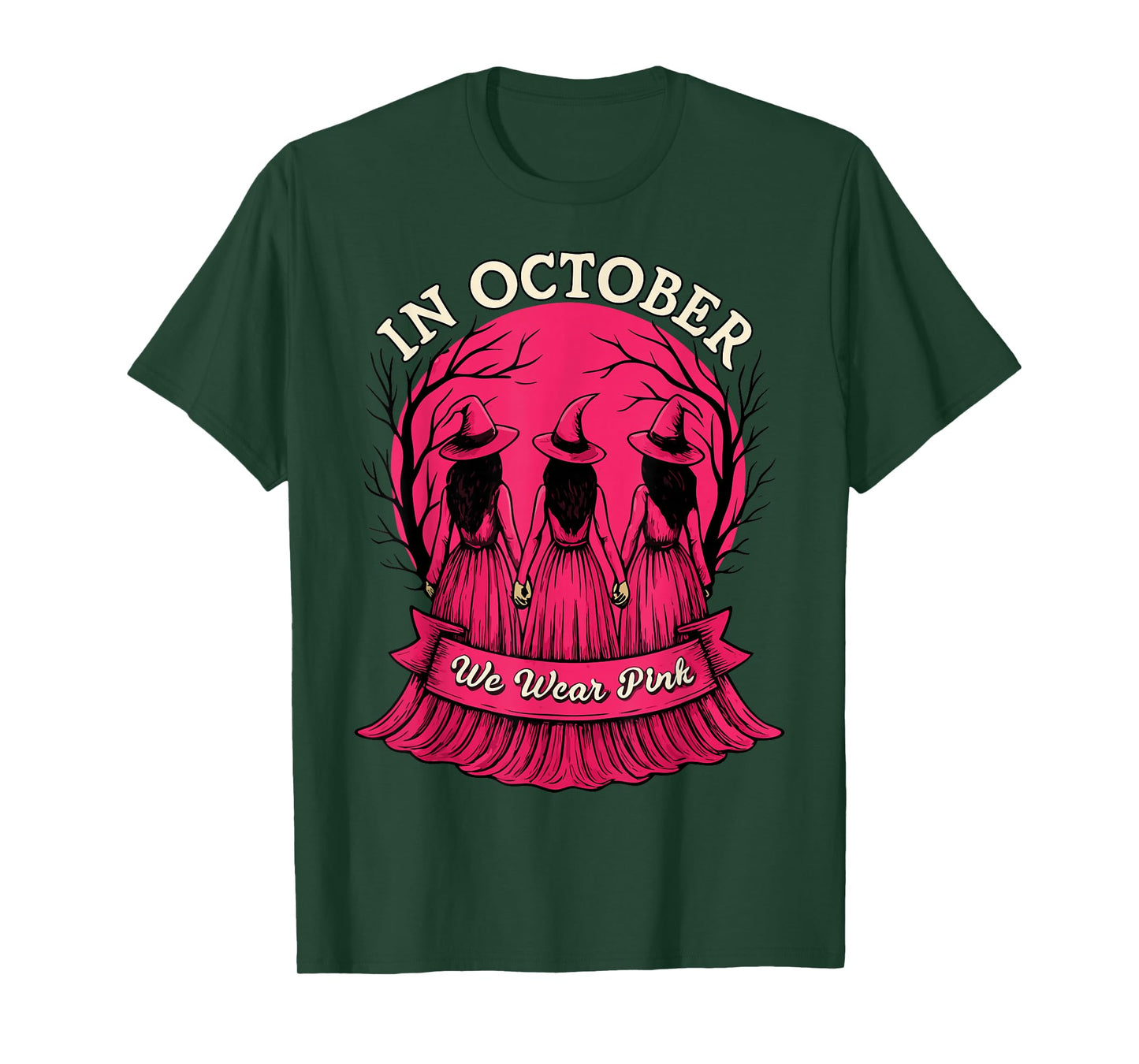in October We Wear Pink Witch Halloween Breast Cancer Women T-Shirt