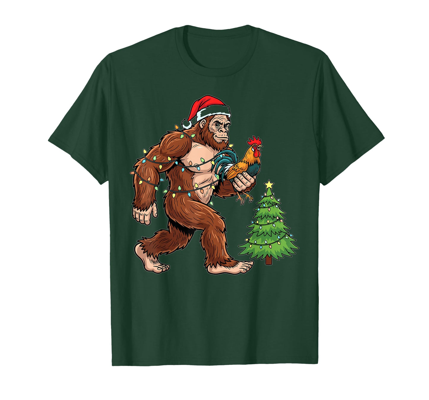 Christmas Bigfoot Santa Hat Chicken Holiday Lights T-Shirt