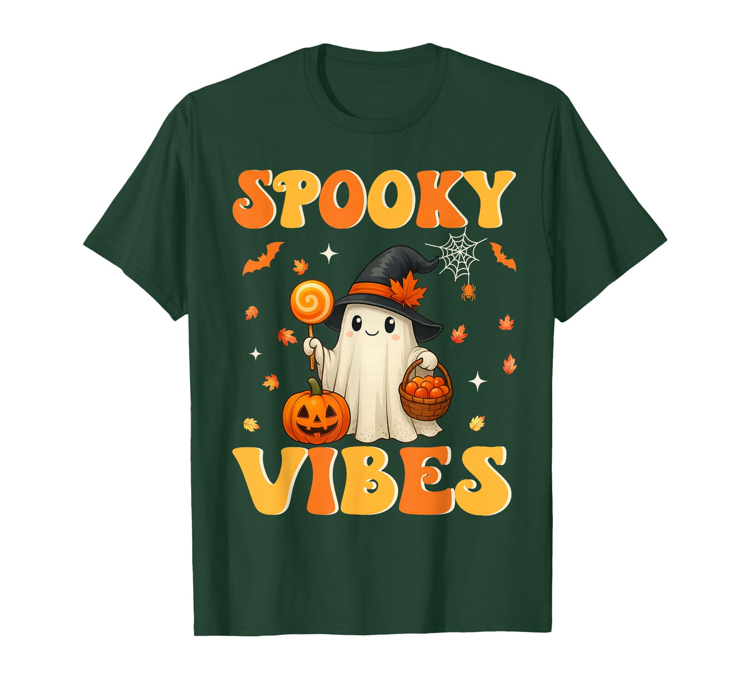 Retro Groovy Spooky Vibes Ghost Holding Pumpkin Halloween T-Shirt