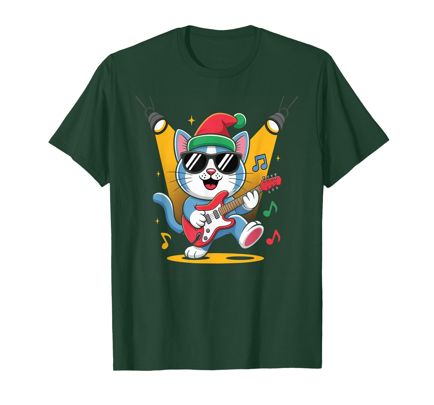 Christmas Santa Hat Cat Playing Guitar Rock and Roll T-Shirt
