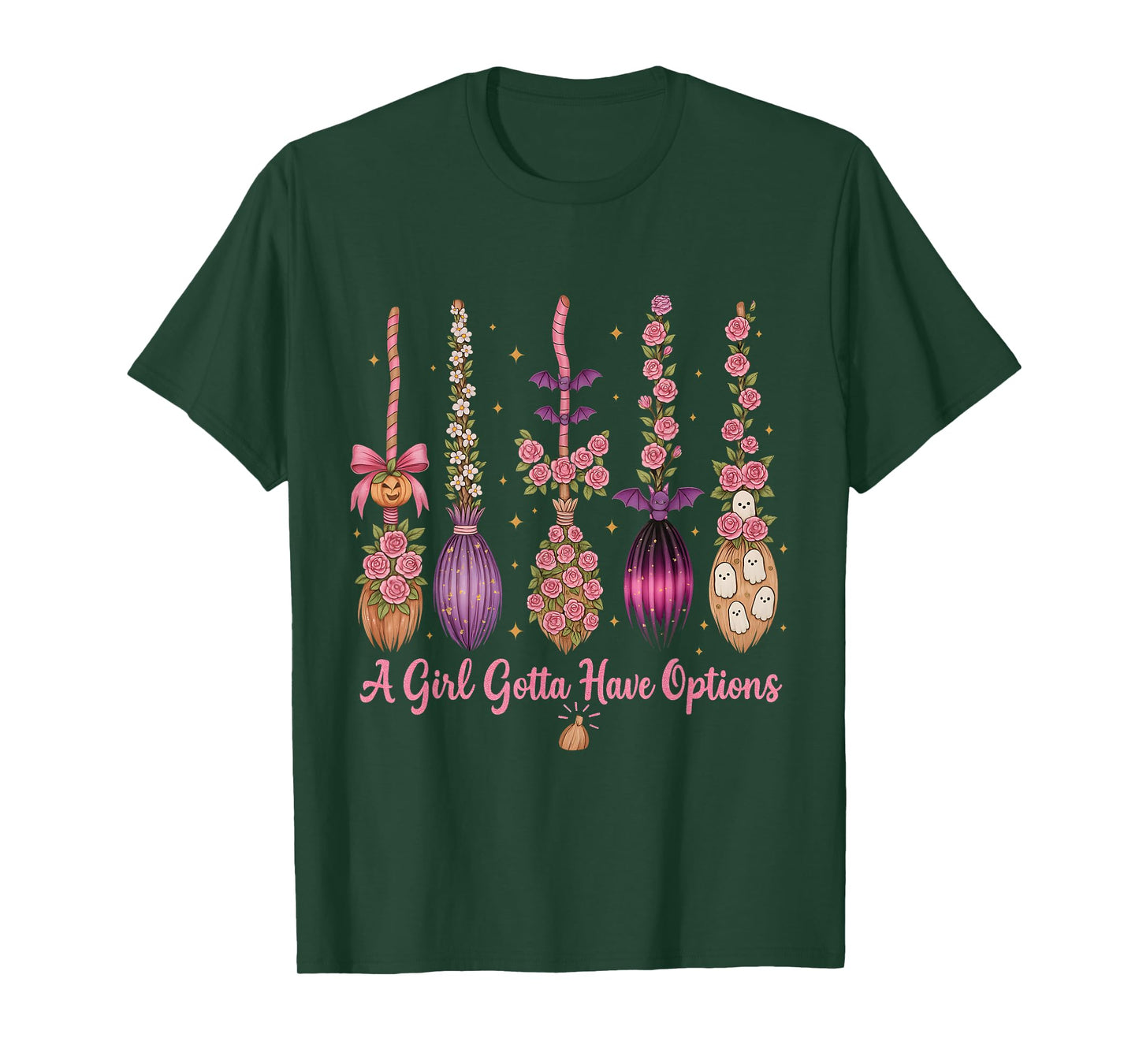 Cute Witch Broom Variety Halloween Floral Funny Graphic T-Shirt