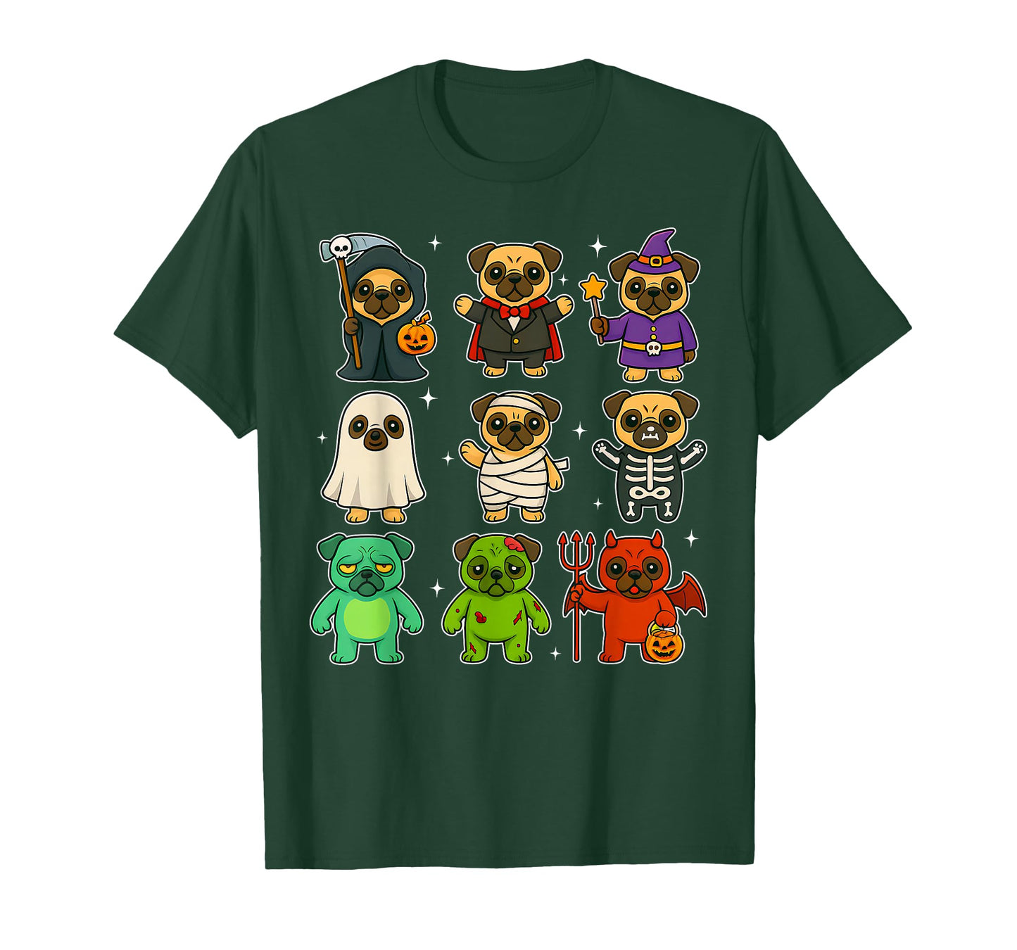 Cute Pug Dogs Witch Pumpkin Skeleton Costume Happy Halloween T-Shirt