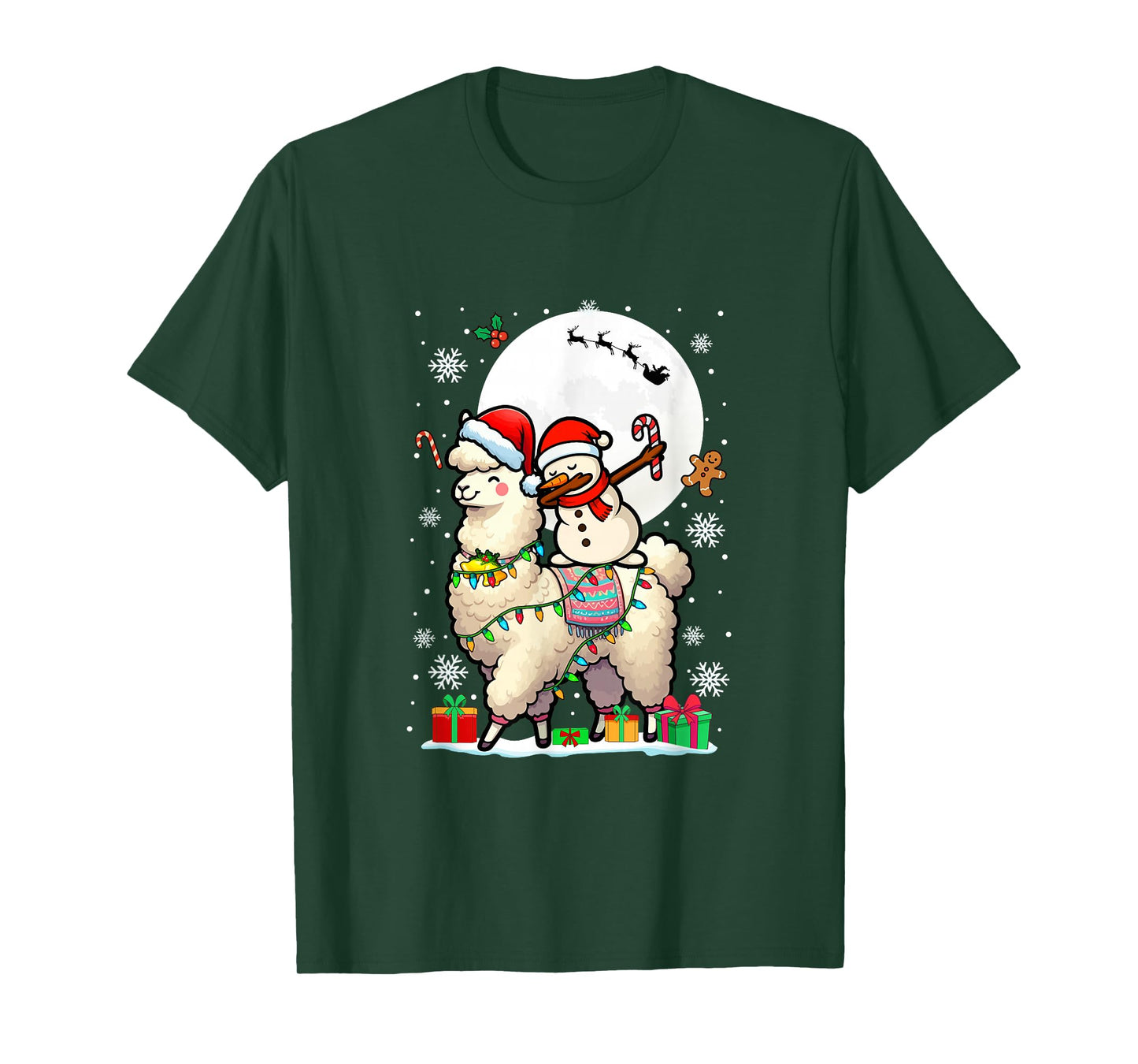 Dabbing Snowman On Llama Christmas Santa Colorful Lights T-Shirt