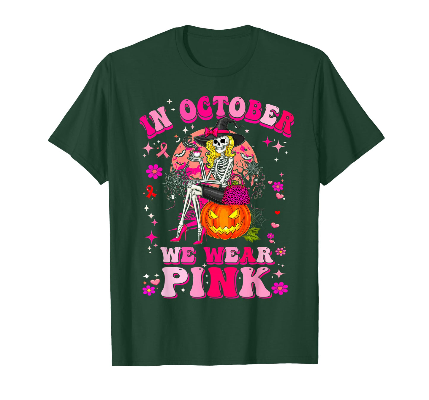 Halloween Breast Cancer Awareness Spooky Skeleton Witch T-Shirt