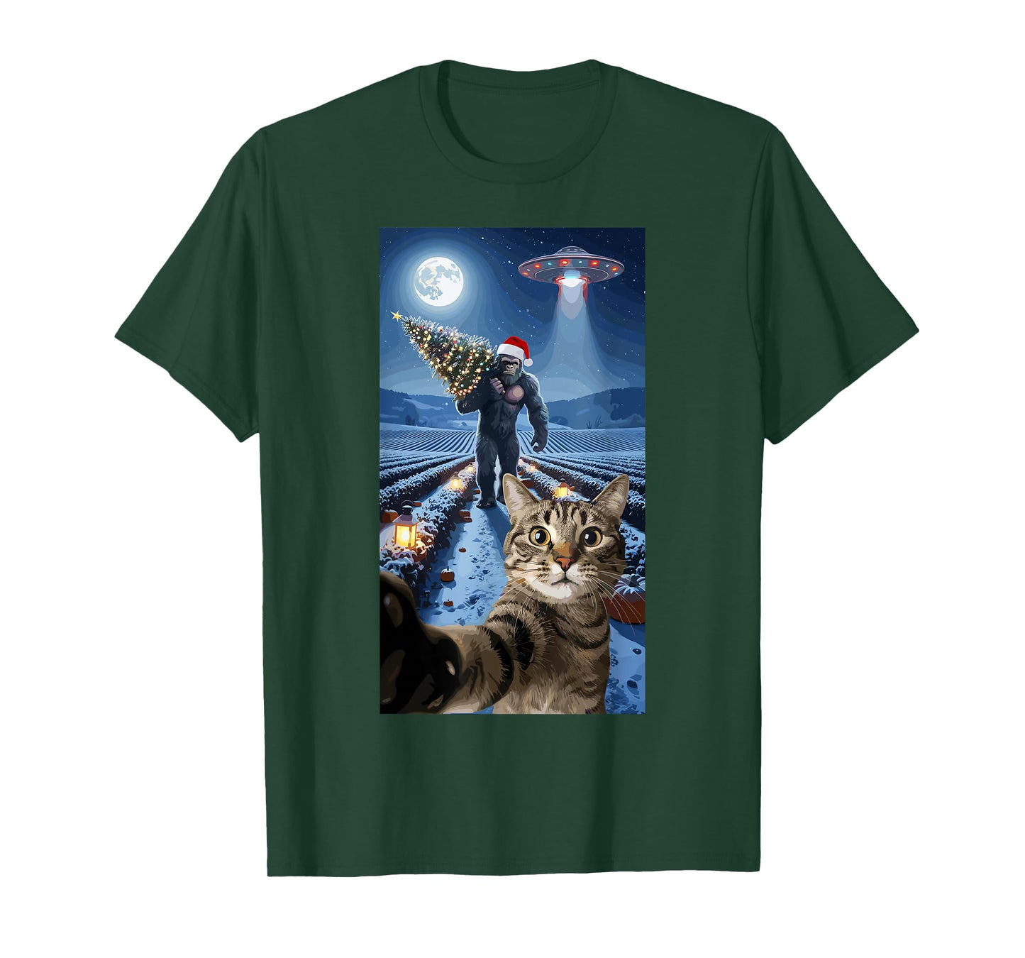 Christmas Bigfoot Cat Selfie UFO Holiday Scene T-Shirt
