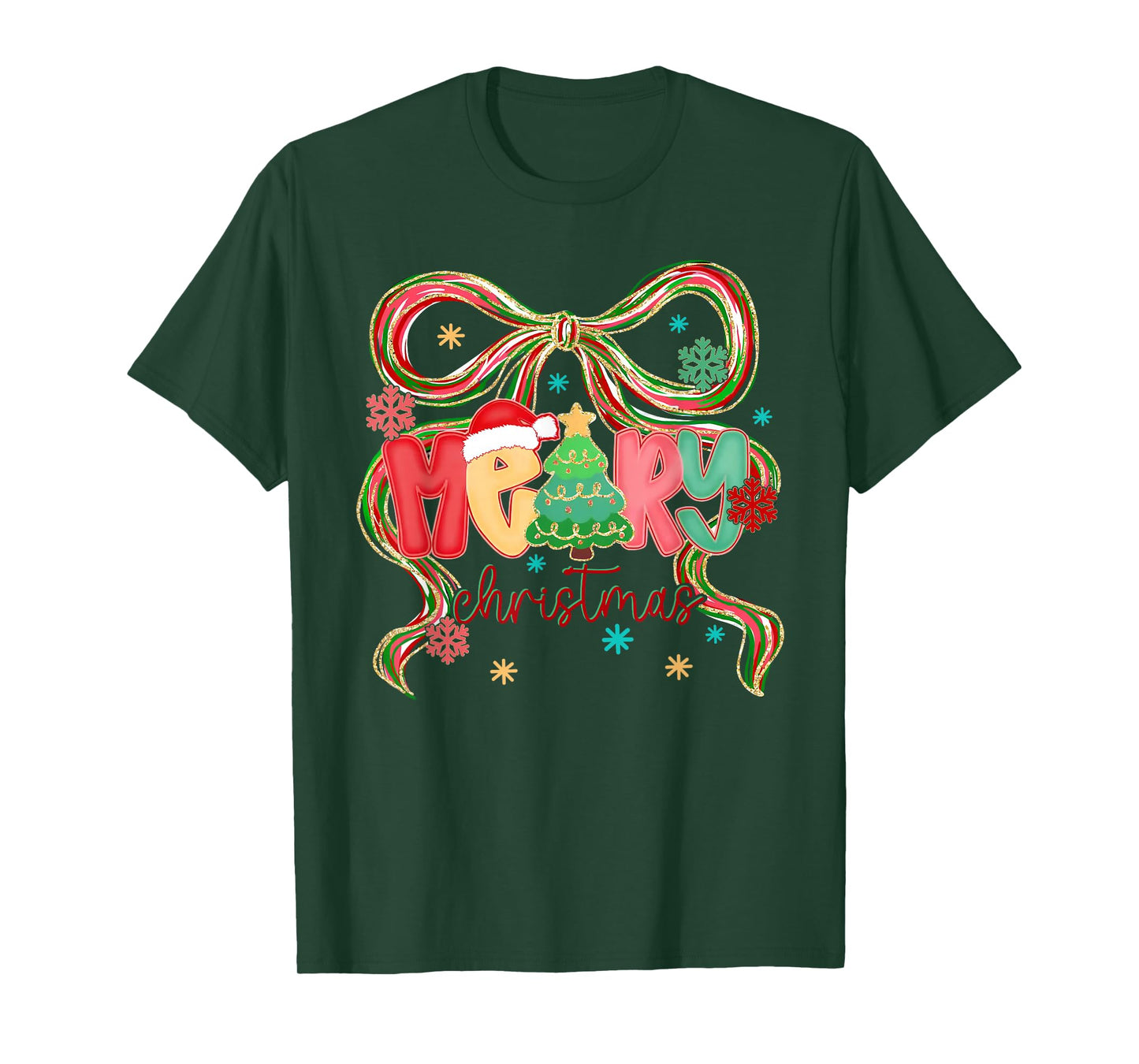 Merry Christmas Coquette Bow Xmas Tree Snowflake Holiday T-Shirt