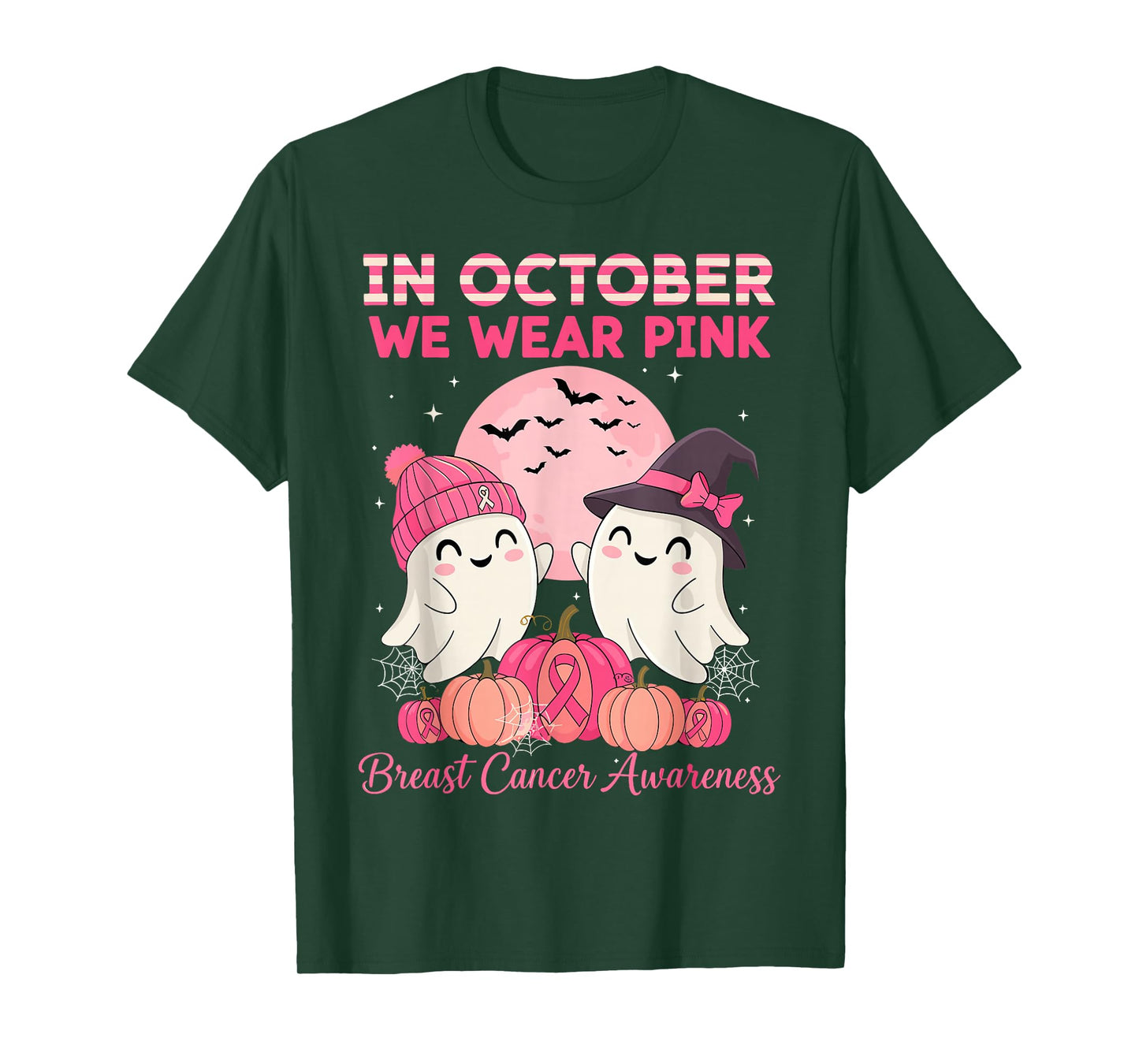 in October We Wear Pink Ghost Witch Breast Cancer Awareness T-Shirt