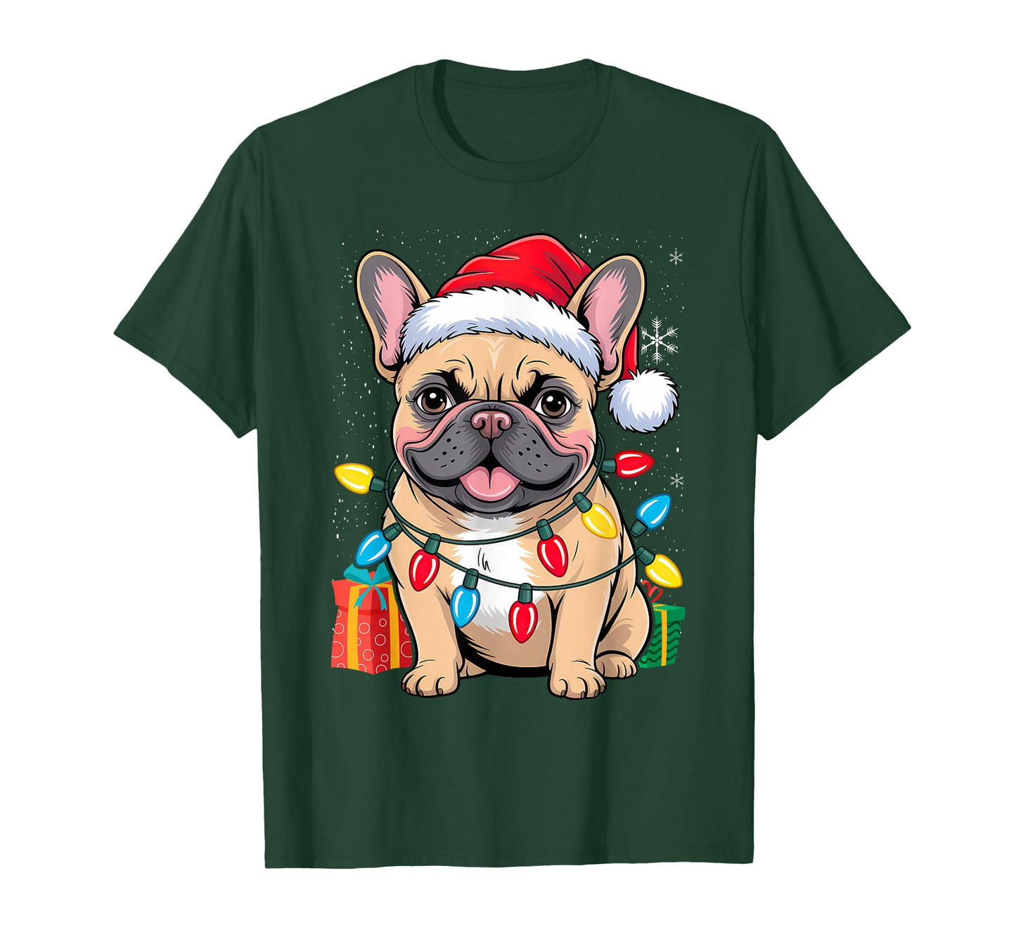 Frenchie Santa Hat & Christmas Lights Cute French Bulldog T-Shirt